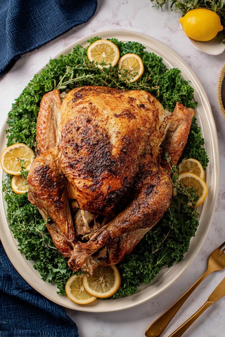 A white plate holds sliced cooked chicken with golden-brown skin arranged in two rows on a bed of frilly green lettuce leaves, with a whole cooked chicken leg placed in the foreground. Bright yellow lemon slices are placed between the chicken pieces, and sprigs of fresh green parsley are scattered on top and around the chicken. The background shows a white marbled surface with a dark blue cloth on the right side. Photo taken with an iphone --ar 2:3 --v 7 - Lemon Herb Roasted Turkey, Lemon Herb Turkey, Herb Roasted Turkey, Juicy Lemon Turkey, Elegant Holiday Turkey
