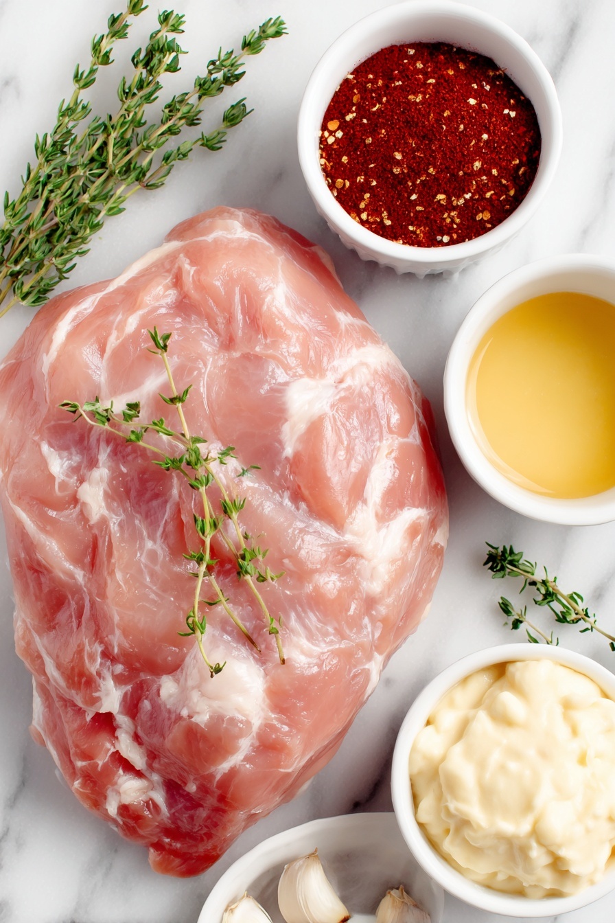 Flat lay of a large raw boneless turkey breast with smooth pale pink skin, a small white ceramic bowl of coarse black pepper, a small white ceramic bowl of bright red paprika powder, a small white ceramic bowl filled with creamy chicken soup base, a small white ceramic bowl holding golden chicken broth, and three fresh green thyme sprigs neatly arranged, all placed on a clean white marble surface, soft natural light, photo taken with an iPhone, professional food photography style, fresh ingredients, white ceramic bowls, no bottles, no duplicates, no utensils, no packaging --ar 2:3 --v 7 --p m7354615311229779997 - Slow Cooker Turkey and Gravy, easy turkey dinner, effortless holiday turkey, tender slow cooker turkey, homemade gravy recipe