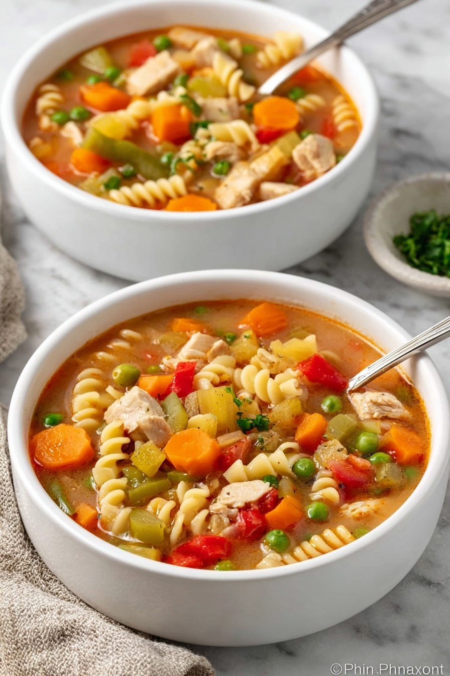 Two white ceramic cups filled with vegetable and pasta soup sit on a white marbled surface. Each cup contains a mix of small spiral pasta, diced light beige meat, green beans, bright orange carrot cubes, green peas, celery pieces, and small red pepper bits, all in a light brown broth speckled with herbs. The soup layers show the textured pasta and vegetables floating near the top, with broth filling the rest of the cups. One cup is closer to the camera, showing clear detail of the ingredients, while the other cup is slightly blurred in the background. A white and black kitchen towel lies to the right side. Photo taken with an iphone --ar 2:3 --v 7 - Turkey Vegetable Soup with Pasta, hearty turkey vegetable soup, beginner-friendly turkey soup recipe, quick healthy turkey soup, leftover turkey soup
