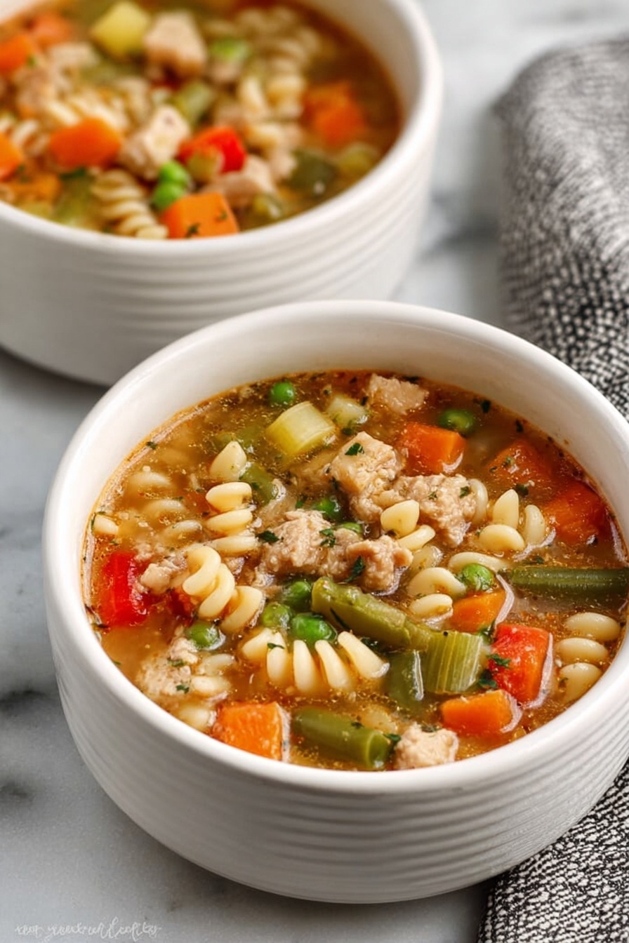 Two white bowls filled with vegetable soup sit on a white marbled surface. The soup has a thick broth with small spiral pasta, bright orange carrot chunks, green peas, small green bean pieces, diced celery, and red bell pepper pieces all mixed together. There are also light pieces of cooked chicken scattered on top. Each bowl has a silver spoon resting inside, and a textured cloth napkin is visible near one bowl. The overall look is colorful with a warm, fresh feeling. Photo taken with an iphone --ar 2:3 --v 7 - Turkey Vegetable Soup with Pasta, hearty turkey vegetable soup, beginner-friendly turkey soup recipe, quick healthy turkey soup, leftover turkey soup