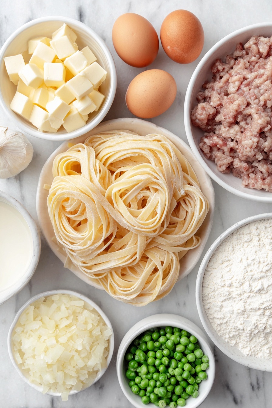 Flat lay of fresh uncooked fettuccine pasta neatly coiled, a small white ceramic bowl of unsalted butter cubes, a quarter of a yellow onion diced into small pieces on a simple white plate, several whole garlic cloves unpeeled, a small white bowl filled with all-purpose flour, a tiny pinch of whole nutmeg seeds next to a white bowl of warm whole milk, another small white bowl containing warm low sodium turkey broth, a small white bowl heaped with grated Parmesan cheese, a mound of cooked turkey meat chunks fresh and moist, a small white bowl filled with bright green frozen peas, two whole uncracked brown eggs placed symmetrically, all ingredients arranged with balanced spacing and perfect symmetry placed on a clean white marble surface, soft natural light, photo taken with an iPhone, professional food photography style, fresh ingredients, white ceramic bowls, no bottles, no duplicates, no utensils, no packaging --ar 2:3 --v 7 --p m7354615311229779997 - Turkey Alfredo Pasta, creamy turkey pasta, leftover turkey recipes, quick weeknight pasta, comforting turkey pasta