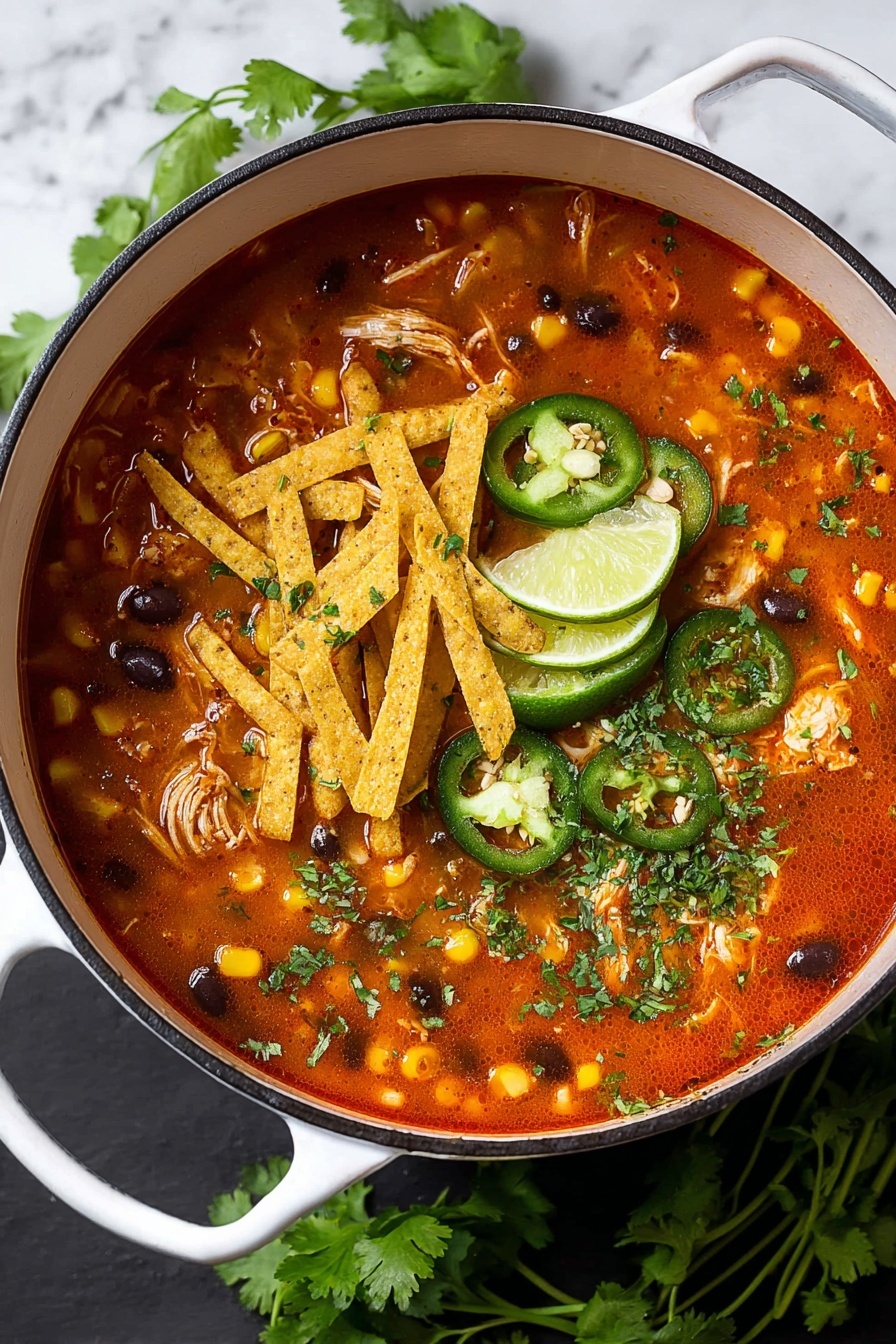 A white pot filled with bright red soup as the base layer, containing small pieces of shredded chicken, black beans, and corn kernels mixed in. On top of the soup, there is a layer of golden yellow crispy tortilla strips arranged mostly in the center. Thin slices of green jalapeño peppers with visible seeds float on one side among the tortilla strips. Two wedge slices of pale green lime sit on the surface near the tortilla strips. Fresh green chopped cilantro is scattered over the soup and toppings, adding a textured color contrast. The pot is set on a white marbled surface with some fresh cilantro leaves beside it. Photo taken with an iphone --ar 2:3 --v 7 - Chicken Tortilla Soup, flavorful chicken tortilla soup, easy tortilla soup recipe, spicy chicken soup, homemade tortilla strips