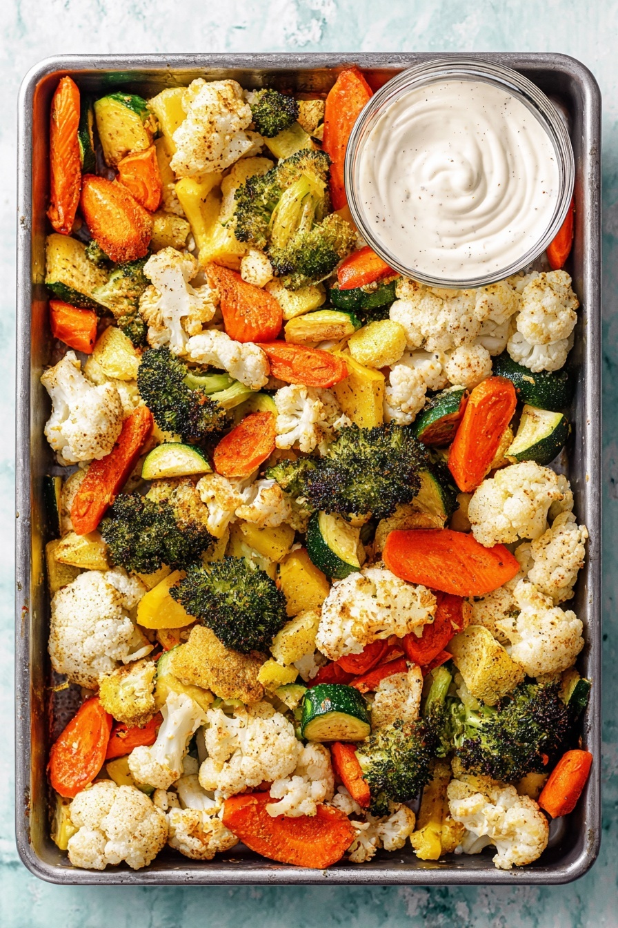 The image shows one layer of roasted vegetables spread in a large rectangular metal tray on a white marbled surface. The vegetables include orange carrot slices, green broccoli florets, white cauliflower florets, and yellow and green zucchini pieces. They are light brown in spots from roasting, with a slightly crispy texture. In the top right corner of the tray, there is a small white bowl filled with a thick, creamy white sauce with soft swirls on the surface. The colors of the vegetables are bright and fresh, and the tray is filled evenly with no empty spaces. Photo taken with an iphone --ar 2:3 --v 7 - Roasted Vegetable Medley, healthy roasted vegetables, easy veggie side dish, colorful roasted vegetables, nutritious vegetable medley