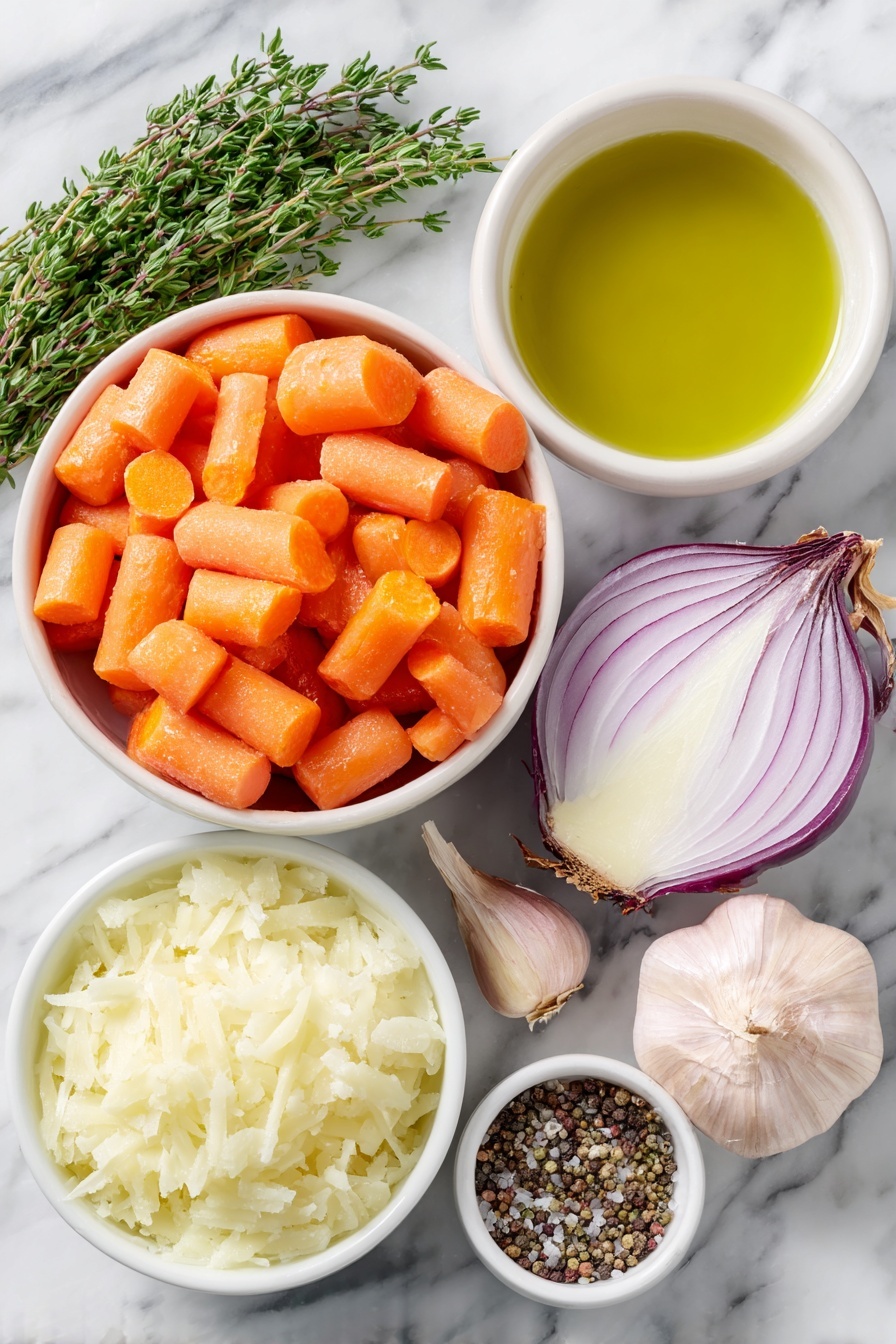 Flat lay of chopped bright orange carrot chunks, a halved large sweet onion with white and purple layers, two whole uncracked brown garlic cloves, a small white bowl of freshly peeled and grated pale yellow ginger, a few fresh green thyme sprigs with leaves scattered nearby, a small white ceramic bowl filled with golden olive oil, a small white bowl of coarse sea salt, and a small white bowl of cracked black peppercorns placed on a clean white marble surface, soft natural light, photo taken with an iPhone, professional food photography style, fresh ingredients, white ceramic bowls, no bottles, no duplicates, no utensils, no packaging --ar 2:3 --v 7 --p m7354615311229779997 - Creamy Carrot Ginger Soup, healthy carrot ginger soup, easy vegan carrot soup, comforting ginger carrot blend, nutritious roasted carrot soup