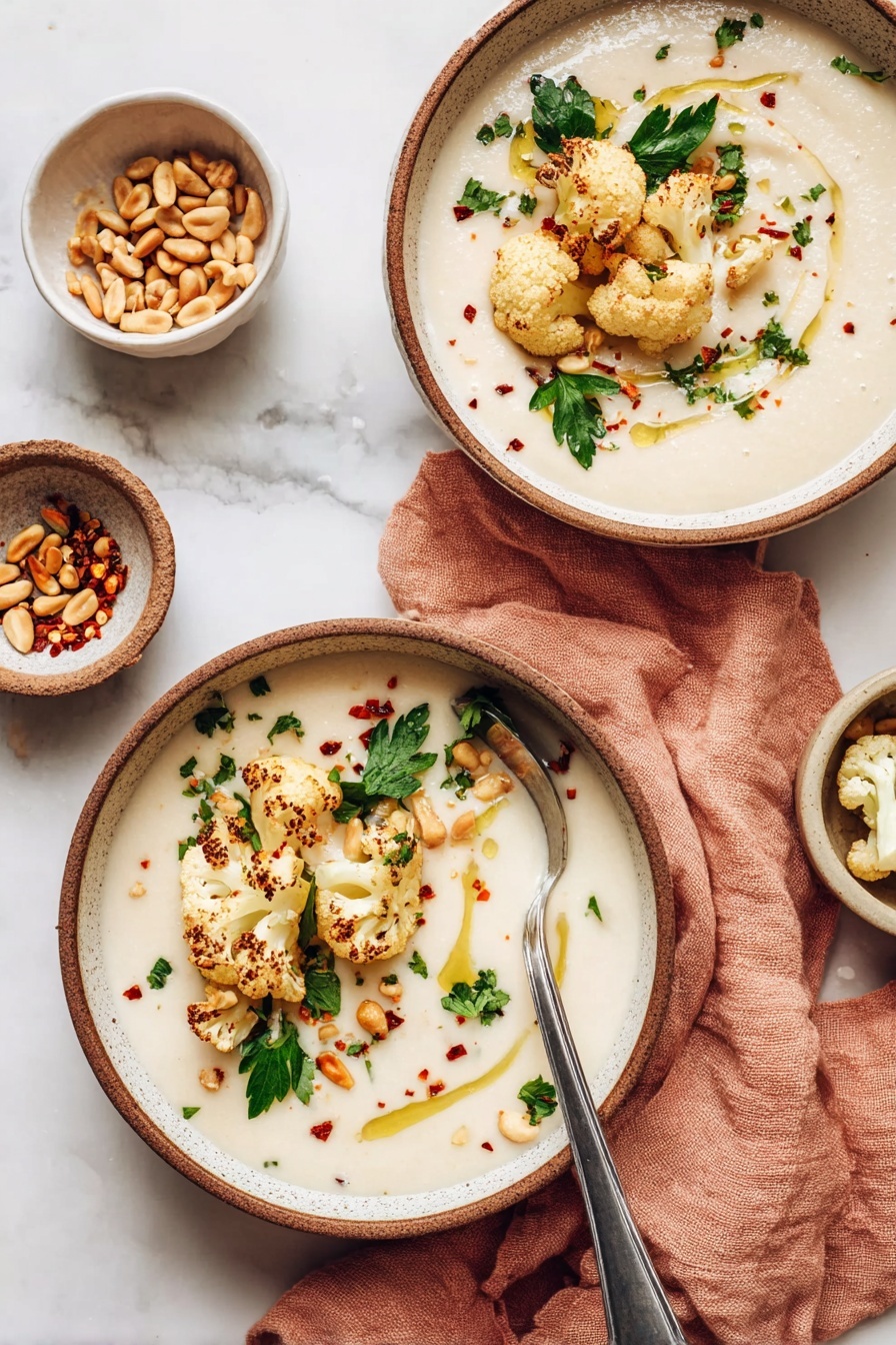 A white pot filled with a thick, creamy beige soup or sauce, topped with scattered green parsley leaves, light brown pine nuts, and small red chili flakes, with a drizzle of golden oil on the surface. A wooden spoon rests inside the pot, partially submerged in the creamy mixture. Around the pot, there is a white marbled surface with a rust-colored cloth draped casually nearby. Small white bowls surround the pot: one with light brown roasted cauliflower, one with pine nuts, and one with red chili flakes, some with spoons inside. Photo taken with an iphone --ar 2:3 --v 7 - Creamy Roasted Cauliflower Soup, roasted cauliflower soup, healthy cauliflower soup, easy cauliflower soup recipe, velvety cauliflower soup