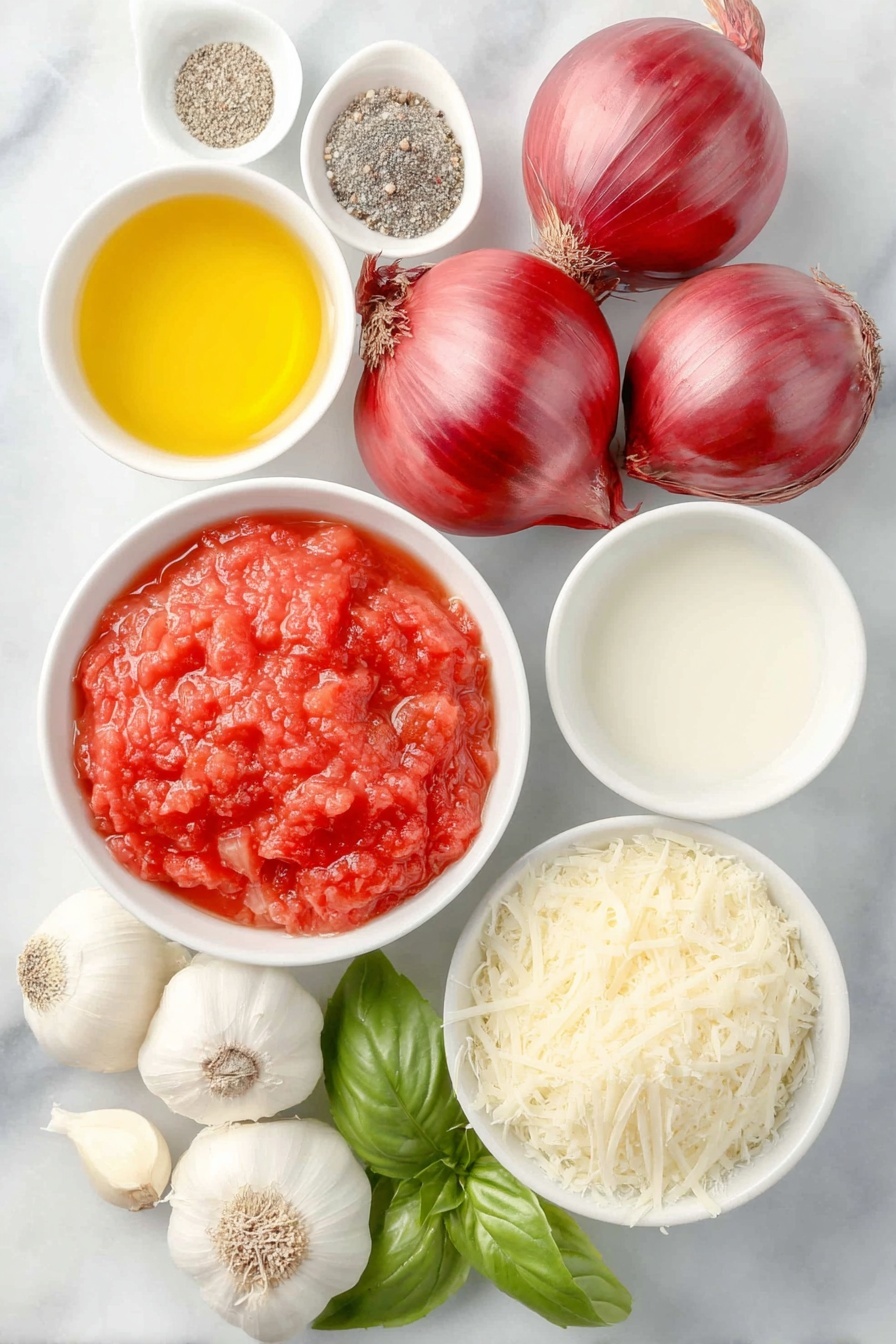 Flat lay of a small white bowl of golden olive oil, two whole red onions with deep purple-red skin, three uncracked garlic cloves with papery white skins, a simple white ceramic bowl filled with crushed ripe red tomatoes, a white bowl containing clear golden chicken stock, a small white bowl of coarse kosher salt, a small white bowl of freshly ground black pepper, a small white bowl of smooth heavy cream, a bunch of bright green fresh basil leaves torn into bite-sized pieces, and a small pile of finely grated pale yellow parmesan cheese, all arranged with perfect symmetry on a clean white marble surface, soft natural light, photo taken with an iPhone, professional food photography style, fresh ingredients, white ceramic bowls, no bottles, no duplicates, no utensils, no packaging --ar 2:3 --v 7 --p m7354615311229779997 - Creamy Tomato Basil Soup, Tomato Basil Soup, Homemade Tomato Soup, Velvety Tomato Basil, Easy Tomato Soup Recipe