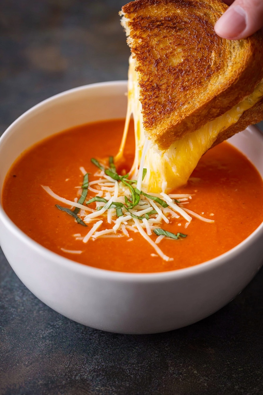A white bowl filled with smooth, bright orange tomato soup topped with shredded white and light yellow cheese and thin strips of green basil. A golden brown toasted sandwich with melted cheese inside is being dipped into the soup by a woman's hand, showing stretchy white melted cheese pulling between the sandwich and soup. The background has a soft, dark surface that contrasts with the bright colors of the soup and sandwich. photo taken with an iphone --ar 2:3 --v 7 - Creamy Tomato Soup with Basil, Tomato Basil Soup, Homemade Tomato Soup, Velvety Tomato Soup, Basil Infused Tomato Soup