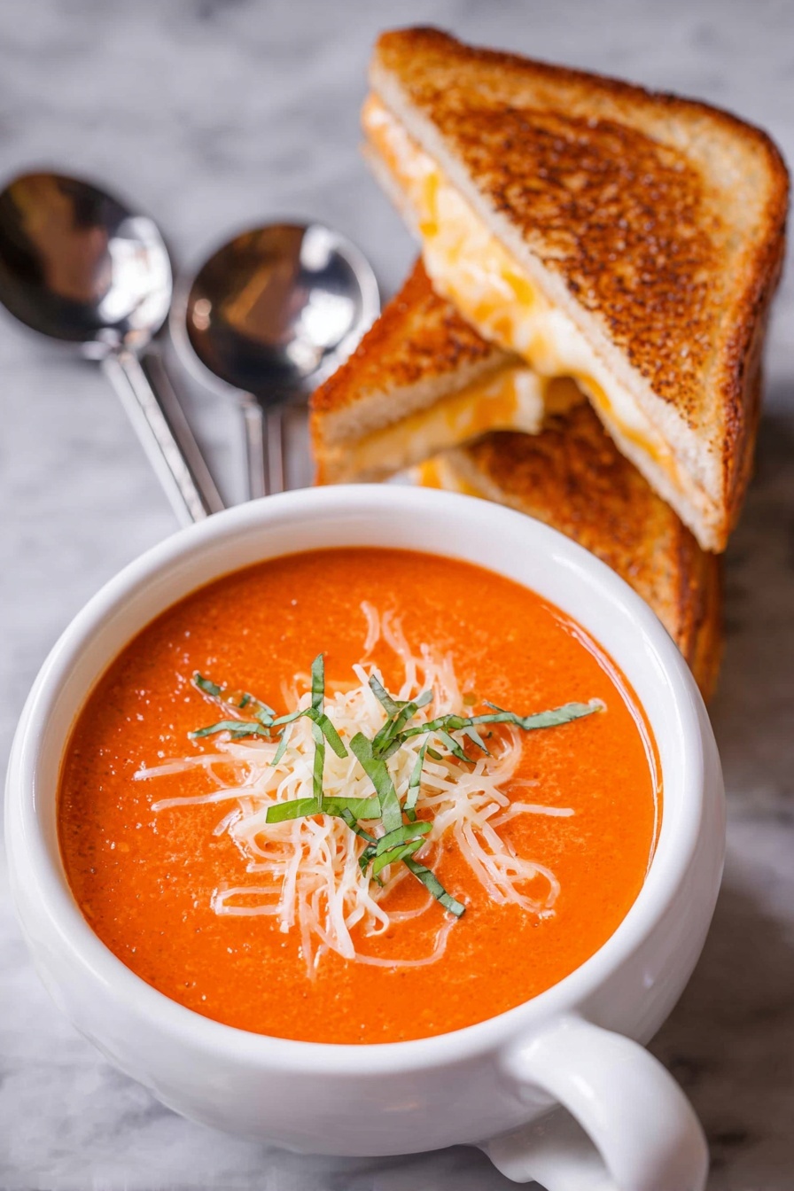 A white bowl with a handle holds smooth orange tomato soup as the first layer, topped with a small pile of finely shredded white cheese and thin strips of fresh green basil leaves scattered on top. To the back right of the bowl, two triangular grilled sandwiches with golden brown toasted bread and melted white and orange cheese inside are stacked slightly overlapping. Two silver spoons lay crossed next to the bowl on a white marbled surface background. Photo taken with an iphone --ar 2:3 --v 7 - Creamy Tomato Soup with Basil, Tomato Basil Soup, Homemade Tomato Soup, Velvety Tomato Soup, Basil Infused Tomato Soup