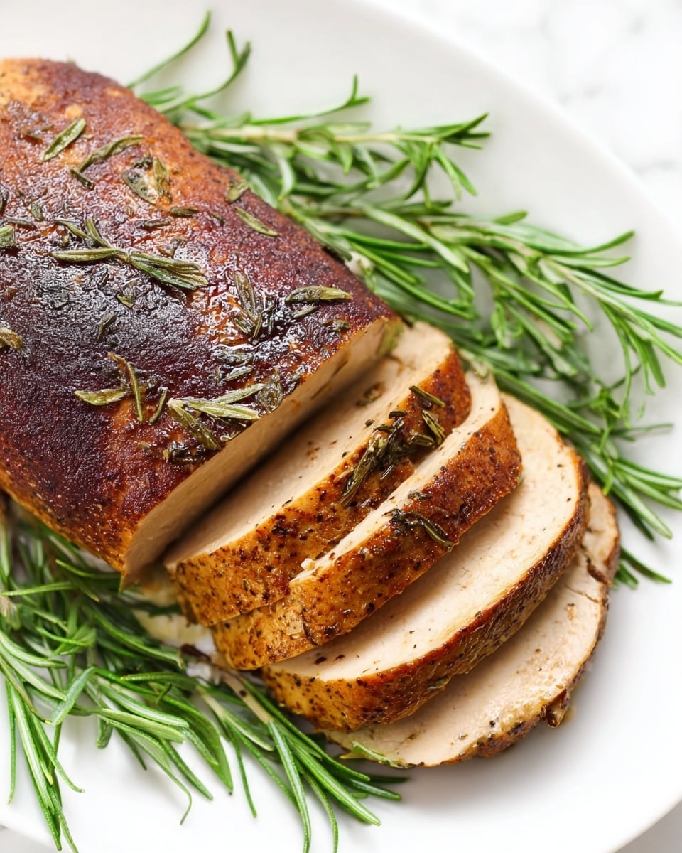 A close-up of a sliced meatloaf with a dark brown, slightly crispy top sprinkled with dried herbs, resting on a bed of fresh green rosemary sprigs. The meatloaf texture is smooth with a light brown color inside, and four visible slices fan out from the main piece. The whole dish is placed on a white plate set on a white marbled surface. photo taken with an iphone --ar 4:5 --v 7