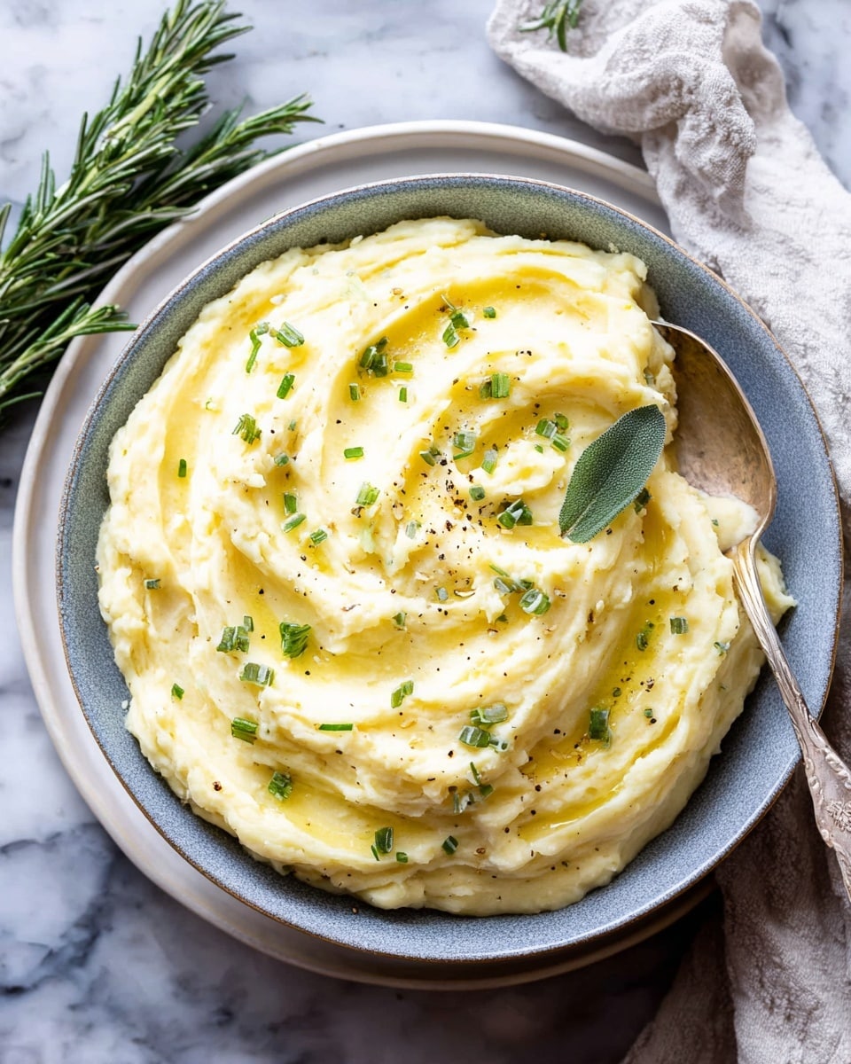 A close-up view of creamy mashed potatoes served in a white bowl with a blue rim. The mashed potatoes have a smooth and soft texture with swirls and peaks. They are topped with small chopped green herbs and cracked black pepper, adding a touch of color and seasoning. A small green leaf sits on the surface, and the creamy waves catch the light, showing slight glossiness. The bowl is placed on a white marbled surface. photo taken with an iphone --ar 4:5 --v 7