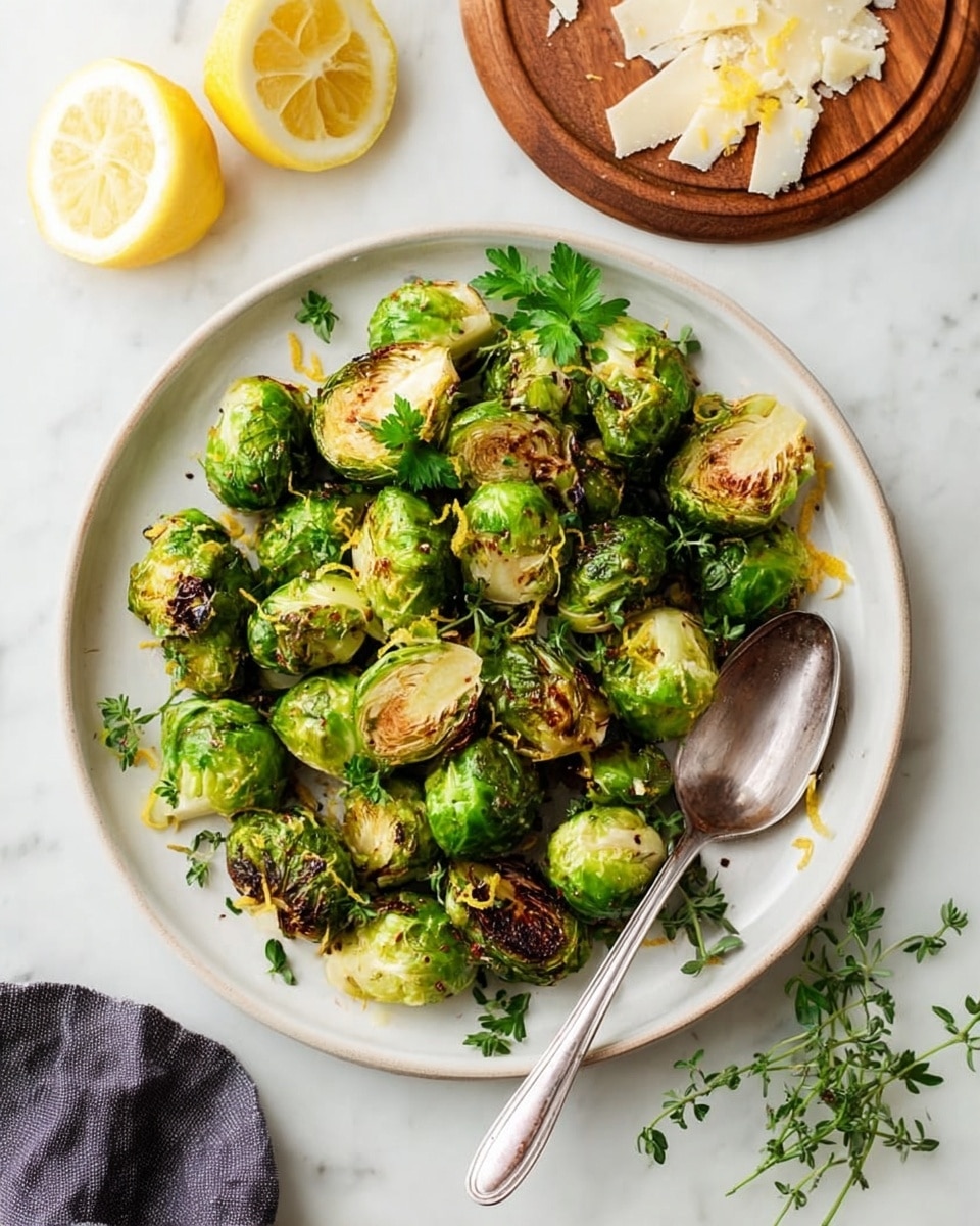A dish showing a single layer of roasted Brussels sprouts with charred, golden-brown spots on their bright green leaves, placed on a white plate with a silver spoon resting on the right side partially inside the plate. The Brussels sprouts are garnished with small green parsley leaves and tiny lemon zest curls, all set on a white marbled surface alongside lemon halves, a small wooden plate of shaved cheese, and some fresh herb sprigs. Photo taken with an iphone --ar 4:5 --v 7