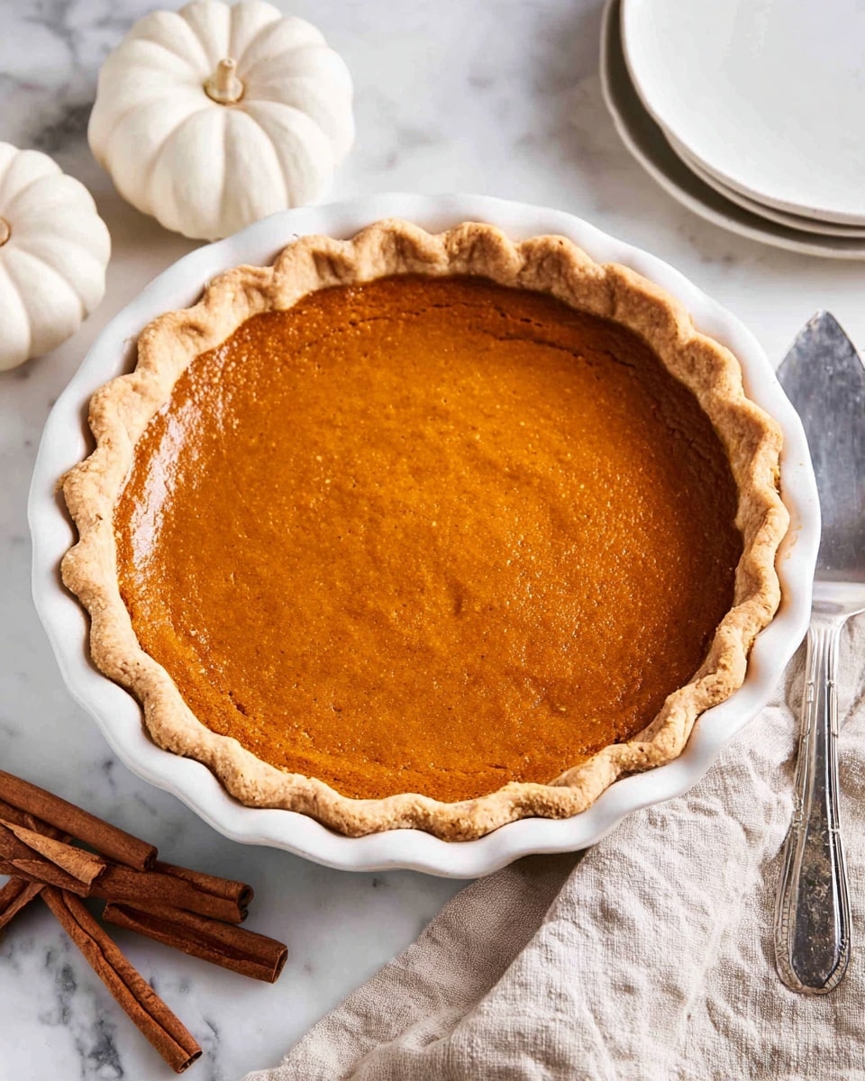 A pumpkin pie with one layer, showing a smooth, deep orange filling inside a light golden crust that has a wavy edge, all placed in a white pie dish. The pie rests on a white marbled surface, with two cinnamon sticks next to it on the left and a light beige cloth with a silver pie server to the right. A white pumpkin decoration is partly visible in the upper left corner, and a white plate with a fork is partly visible on the right side. Photo taken with an iphone --ar 4:5 --v 7