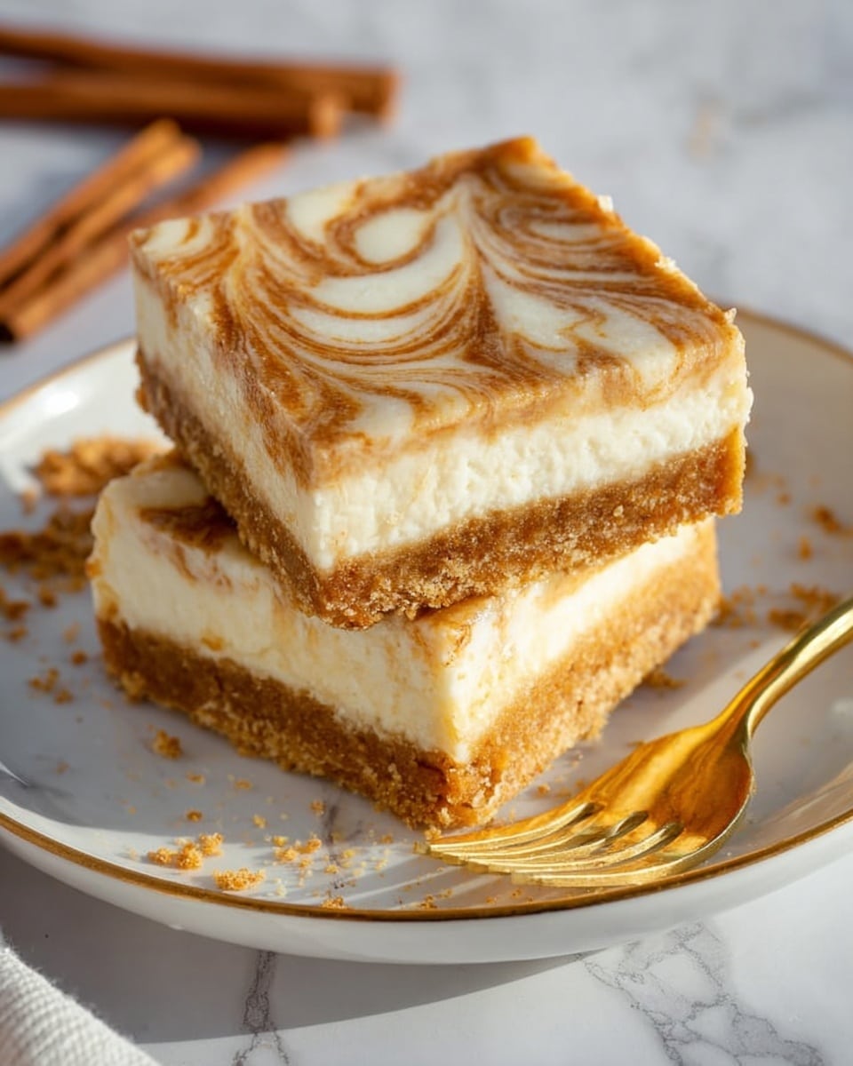 The image shows square pieces of pumpkin cheesecake bars on a white marbled surface. Each bar has three main layers: a bottom crumbly light brown crust, a thick middle layer with a creamy white color mixed with swirls of pumpkin orange, creating a marbled effect. The swirls are spread unevenly across the surface, adding texture and depth to the bars. A blurred pumpkin cheesecake slab is visible in the background, while a knife with some cheesecake on the blade lies in the front. Crumbs are scattered around the bars. photo taken with an iphone --ar 4:5 --v 7