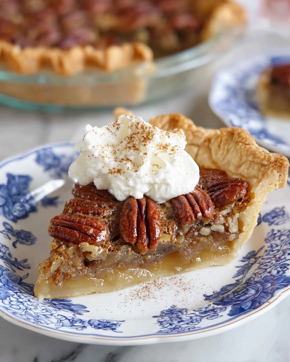 A round pecan pie with a golden, flaky crust that is thick and crimped around the edges. The pie filling is a rich caramel brown color, topped with whole pecan halves arranged in a tight, circular pattern from the center to the edges, giving texture and a glossy finish. The pie sits on a clear glass plate atop a white marbled surface, with some loose pecans visible in the background. Photo taken with an iphone --ar 4:5 --v 7