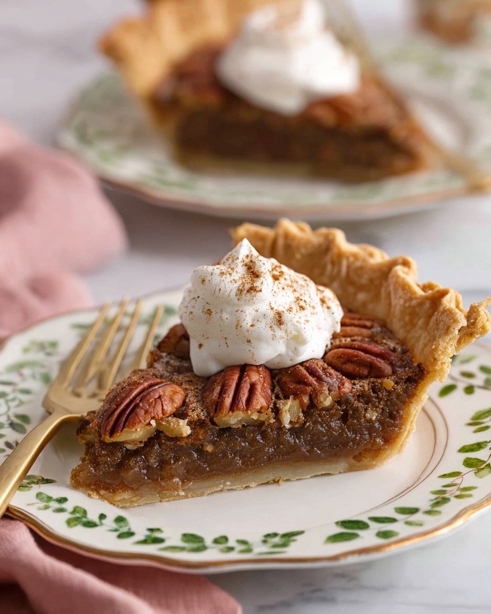 A slice of pecan pie rests on a white plate with green leaf patterns and a thin gold rim; the pie has a thick, golden-brown crust that arches around a glossy, dense brown filling full of chopped nuts, topped with whole pecan halves arranged near the edge. On top of the slice is a dollop of white whipped cream sprinkled lightly with cinnamon powder. The plate sits on a white marbled surface with a soft pink cloth and gold fork nearby. In the background, a blurred second slice of pie on a matching plate is visible. photo taken with an iphone --ar 4:5 --v 7