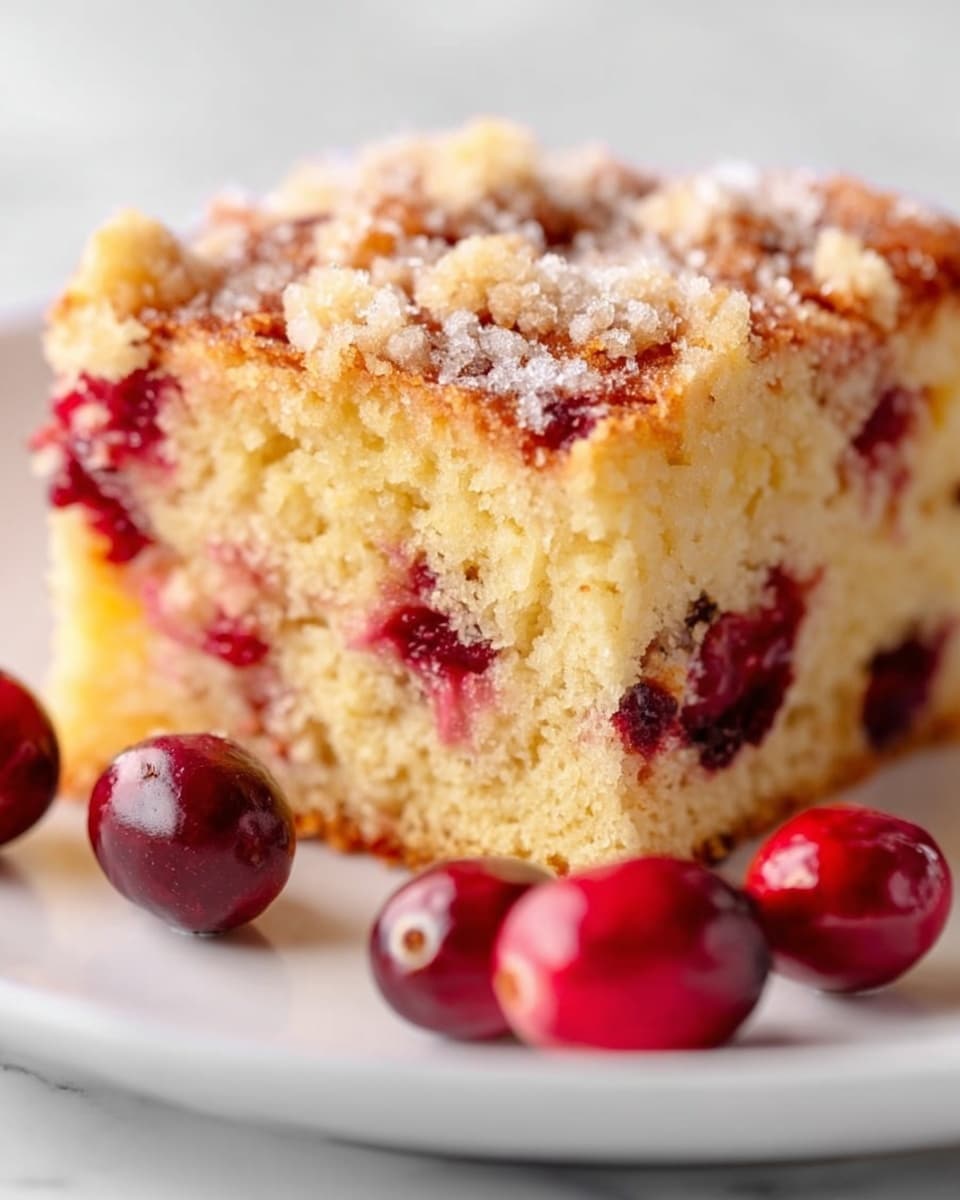 A close-up view of a piece of yellow cake with red berries spread inside and on top of the cake, showing a soft and crumbly texture. The top of the cake has some sparkling sugar crystals adding a shiny touch. The cake piece sits on crumpled white paper with a few crumbs scattered nearby. In the background, there is a blurred white marbled surface, with a sliced lemon adding a soft yellow and orange hue. A golden fork is placed beside the cake piece. Photo taken with an iphone --ar 4:5 --v 7
