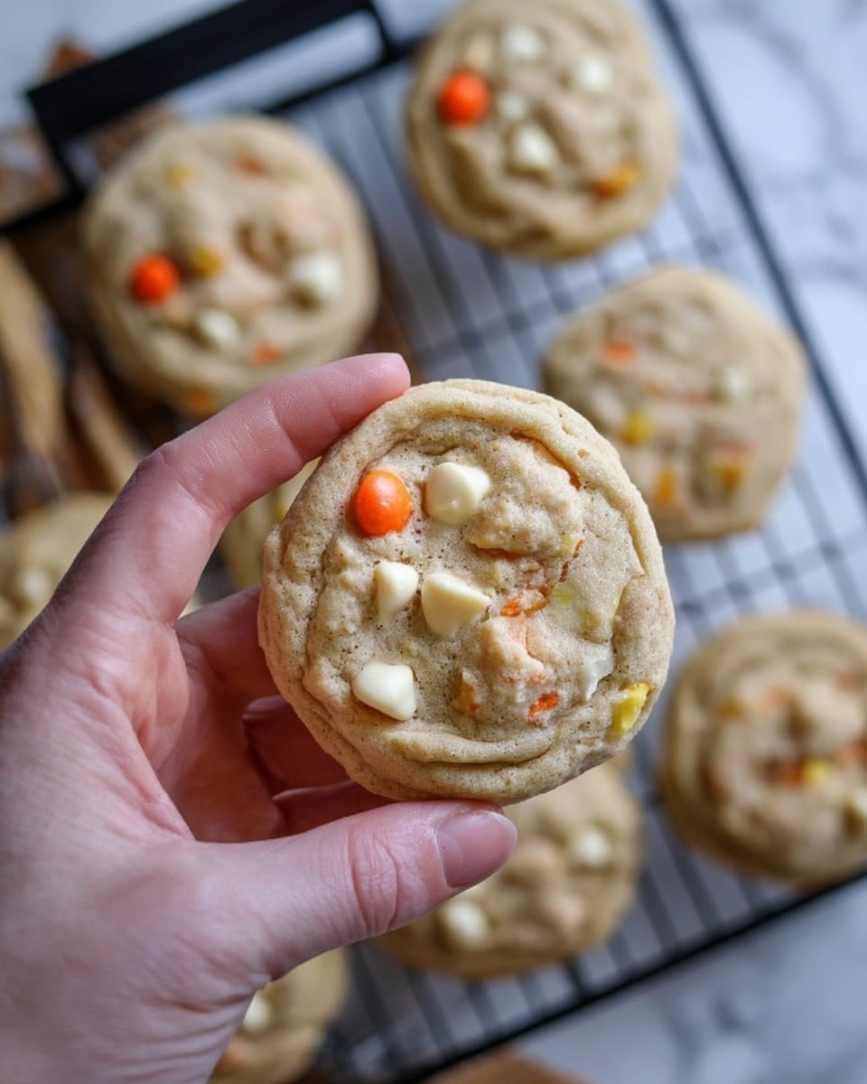 A close-up view of a soft, thick cookie held by a woman's hand, with a light brown dough base speckled by white chocolate chips and small orange candies. The cookie has a slightly cracked, soft texture showing the mix-ins clearly. In the blurred background, several similar cookies rest on a black cooling rack, set on a white marbled surface. The overall mood is warm and cozy, focusing on the cookie's dense texture and colorful candy pieces. photo taken with an iphone --ar 4:5 --v 7