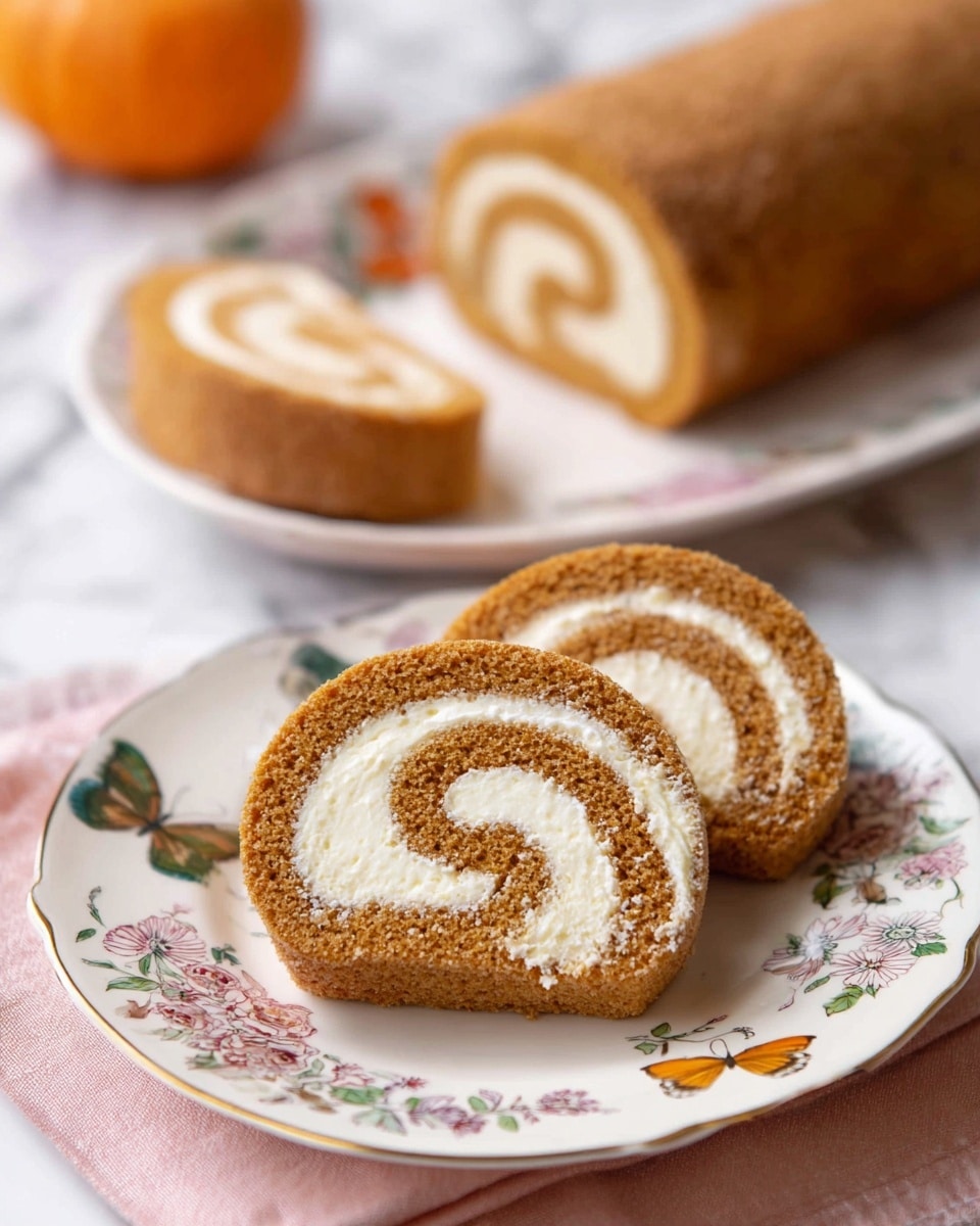 A light brown pumpkin roll cake with a spiral of creamy white filling is featured in this image. The roll is dusted with a thin layer of powdered sugar on top. Two slices of the roll rest on a white plate decorated with butterfly and floral patterns and a light green scalloped edge, while the main roll sits on a matching larger white platter with similar butterfly and flower designs. There's a gold fork placed next to the smaller plate on a white cloth with pink stripes, and orange autumn leaves are scattered on a white marbled surface around the plates. Photo taken with an iphone --ar 4:5 --v 7