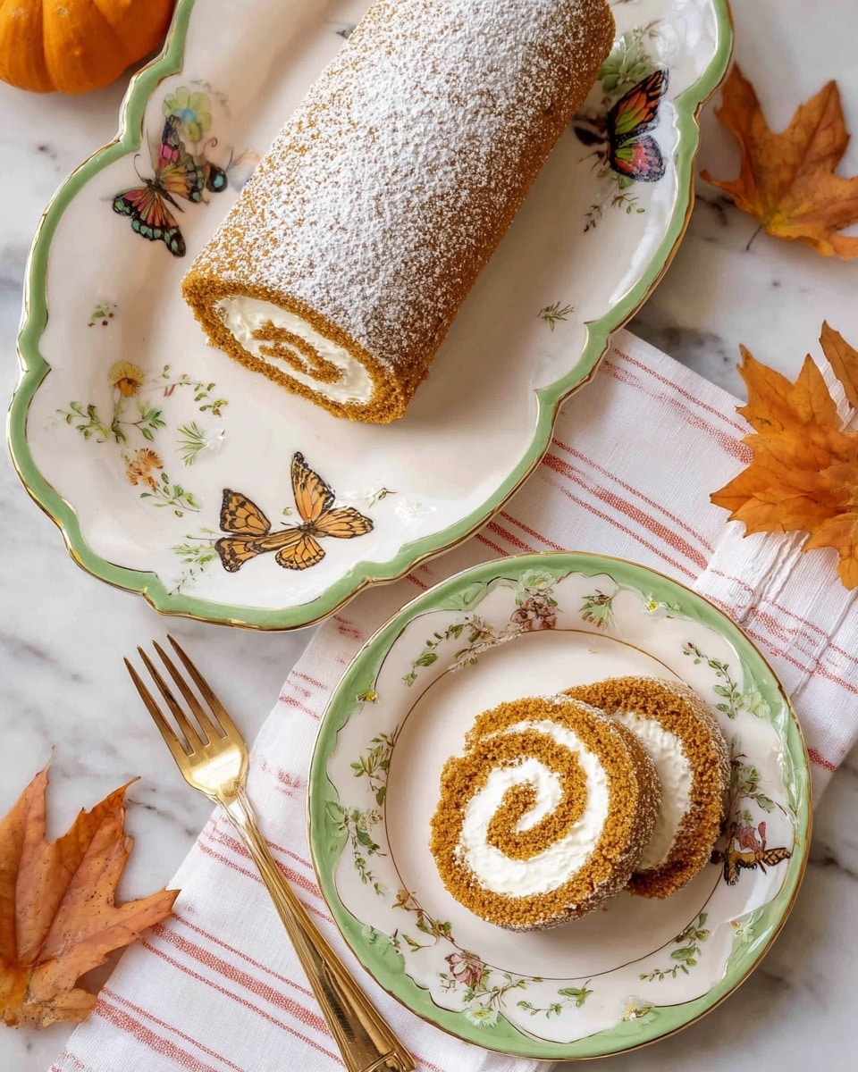 A tall roll cake with a soft brown outer sponge layer rolled with a creamy white filling inside, cut into four spiral slices stacked neatly on a white marbled surface. The cake’s outer layer is dusted with a light powdery white topping, adding texture and contrast. Small orange-brown autumn leaves lie scattered nearby on the surface, enhancing a warm, seasonal feel. photo taken with an iphone --ar 4:5 --v 7