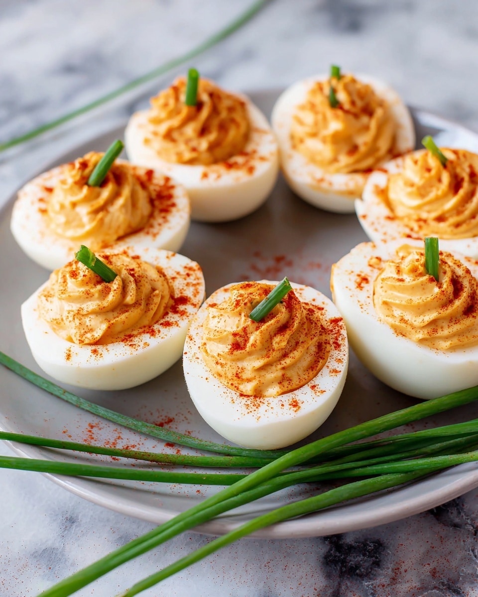 Six halves of hard-boiled eggs are placed on a white plate, each filled with a creamy, light orange yolk mixture that has grooves on top, and sprinkled with red paprika powder. Small green chive pieces stand upright in the center of each yolk filling. Three long green chive stalks lie across the base of the plate. The plate sits on a white marbled surface with a soft, blurred background. Photo taken with an iphone --ar 4:5 --v 7