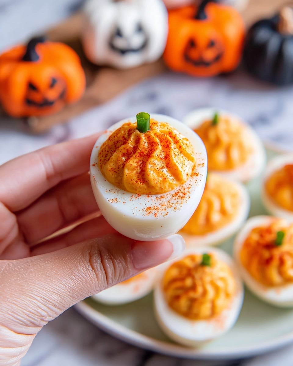 A close-up of a woman's hand holding a white halved hard-boiled egg filled with a creamy orange yolk mixture textured with ridges to resemble a small pumpkin, topped with sprinkled paprika for a reddish-orange touch, and a small green chive piece sticking out at the top as a stem. In the background, there is a white marbled surface with some cut-out decorative pumpkins in orange, white with black designs, and black colors. More filled egg halves with the same pumpkin design are blurred on a white plate below. Photo taken with an iphone --ar 4:5 --v 7