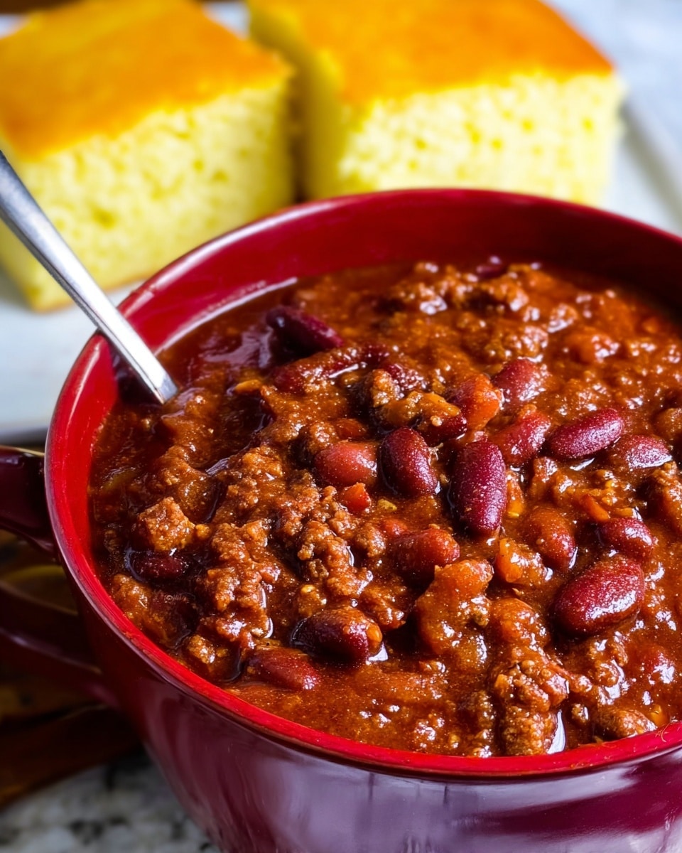 A close-up view of a deep red bowl filled with thick chili, showing two main layers: a rich, chunky sauce with visible kidney beans, finely ground meat, and pieces of tomato, all coated in a shiny, dark red sauce with a slightly liquid texture. In the background, slightly out of focus, there are two light yellow squares of cornbread with a soft and crumbly texture placed on a white marbled surface. A silver spoon sticks out from the bowl on the left side. Photo taken with an iphone --ar 4:5 --v 7