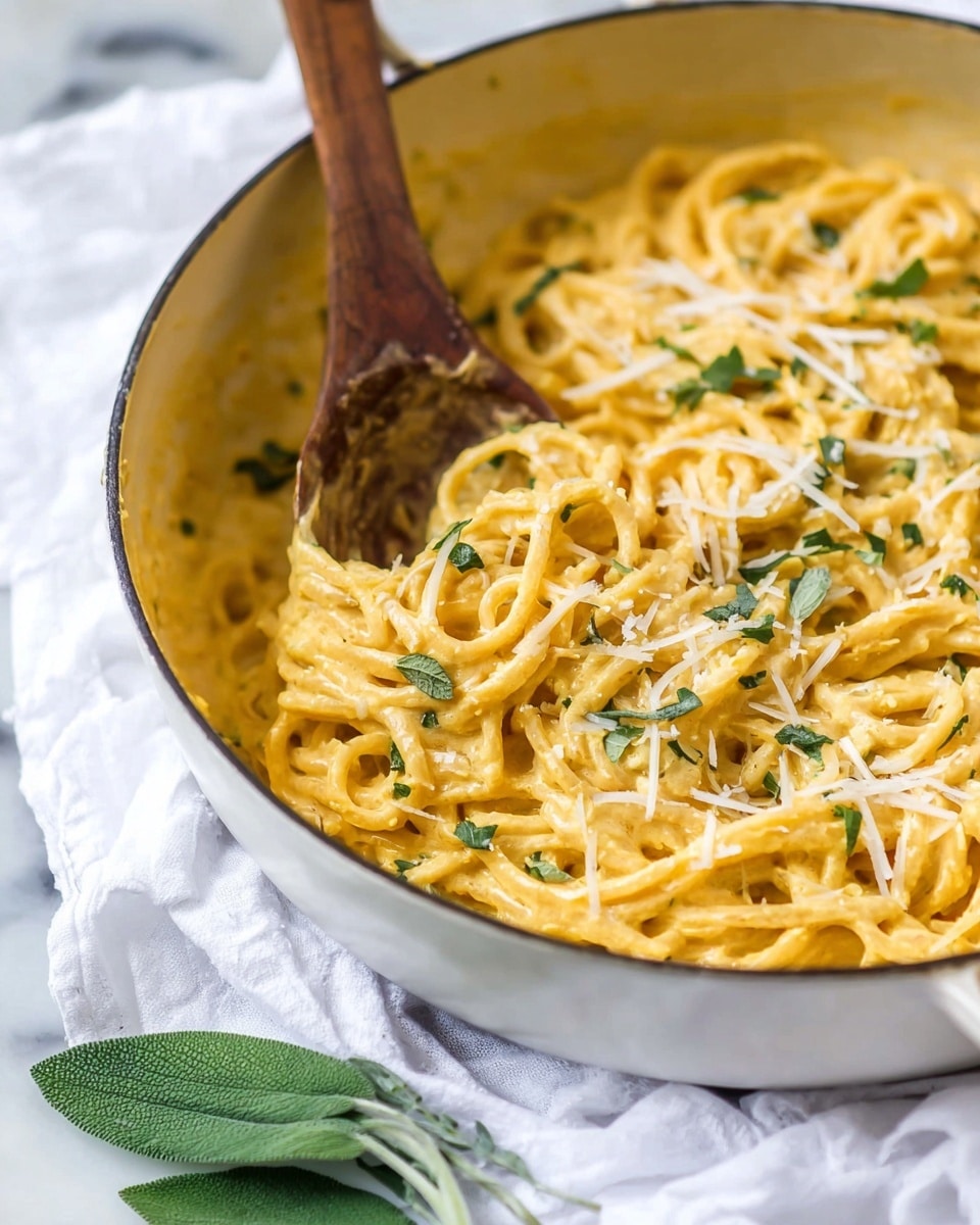 A close-up image of creamy pasta in a large white pan, with spaghetti noodles thoroughly coated in a rich, golden-yellow sauce. The noodles have a slightly thick texture and are sprinkled with small, finely chopped green herbs and thin shreds of white cheese, creating a fresh contrast on the surface. A wooden spoon is stirring the pasta from the left side of the pan. The pan sits on a crumpled white cloth over a white marbled textured surface, with a single fresh sage leaf nearby. Photo taken with an iphone --ar 4:5 --v 7