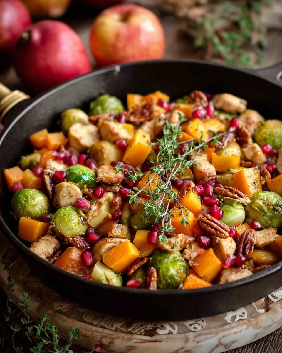 A black cast iron pan filled with a colorful mix of cooked Brussels sprouts, orange cubed butternut squash, light brown cooked chicken pieces, pecans, bright red pomegranate seeds, and garnished with fresh green thyme sprigs. The ingredients create a layered look with green, orange, brown, and red colors evenly spread throughout the pan. The pan is placed on a wooden board with a white marbled surface below and some apples and dry twigs slightly blurred in the background. photo taken with an iphone --ar 4:5 --v 7