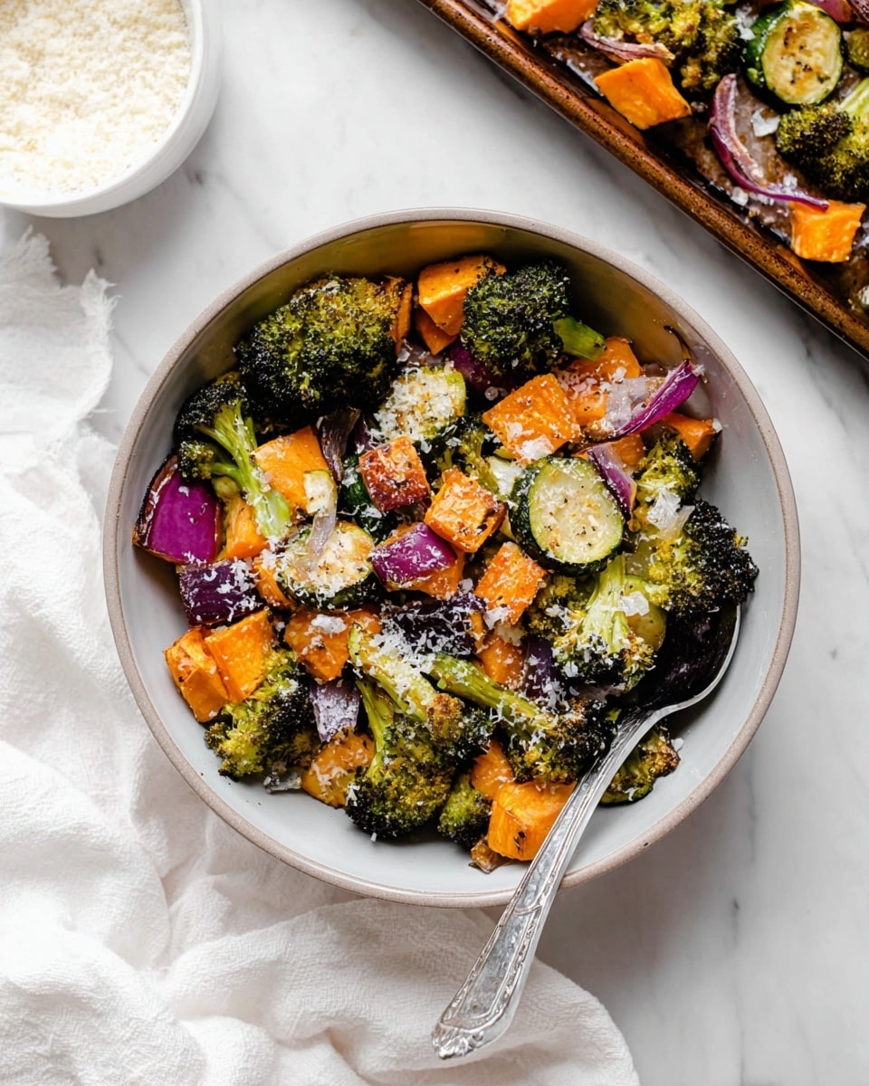 A white bowl filled with a mix of roasted vegetables, featuring three main layers: the bottom layer has charred broccoli florets in green with some brown edges, the middle layer includes bright orange sweet potato cubes, and the top layer shows pieces of light green zucchini and purple-red onion chunks. All the vegetables have a slightly crispy texture with blackened spots and a sprinkle of white cheese dusted over them. A silver spoon rests inside the bowl on the right side, partially submerged in the vegetables, with a white marbled surface underneath the bowl. Photo taken with an iphone --ar 4:5 --v 7
