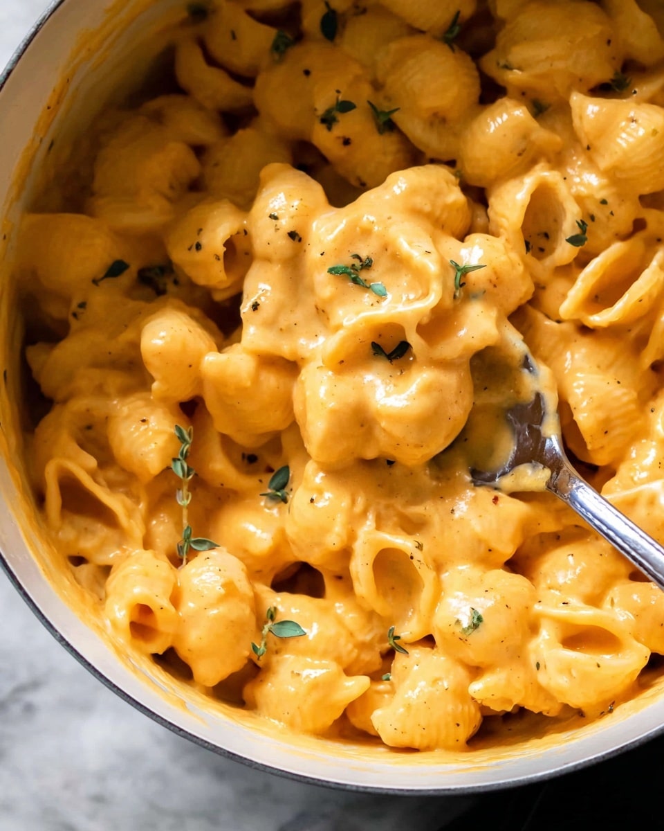 A blue round plate holds a creamy orange pasta dish made of small shell-shaped pasta covered in thick cheese sauce. On top, there are a few small green herbs and whole fried sage leaves scattered for garnish. Two silver forks rest on the right side of the plate, one slightly over the pasta and the other leaning beside it. The plate sits on a dark surface with a slice of a white bowl filled with more pasta visible at the top right corner. photo taken with an iphone --ar 4:5 --v 7