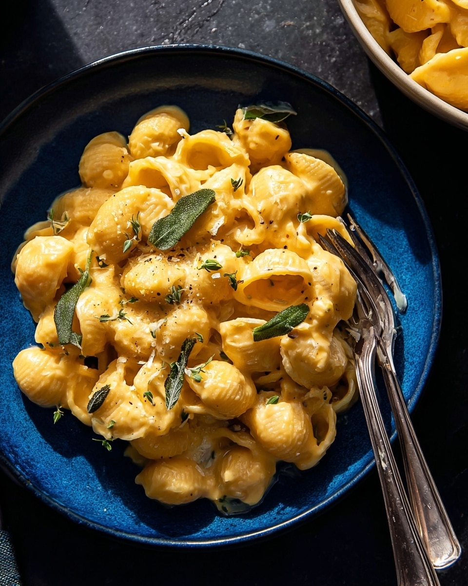 A close-up view of a white pot filled with creamy macaroni and cheese. The pasta shell shapes are covered in a thick, smooth orange cheese sauce with a silky texture. Small fresh green herb leaves are sprinkled on top, adding a touch of color and freshness. A metal spoon is scooping some of the cheesy pasta, showing the cheesy sauce clinging to it. The background has a white marbled texture. photo taken with an iphone --ar 4:5 --v 7