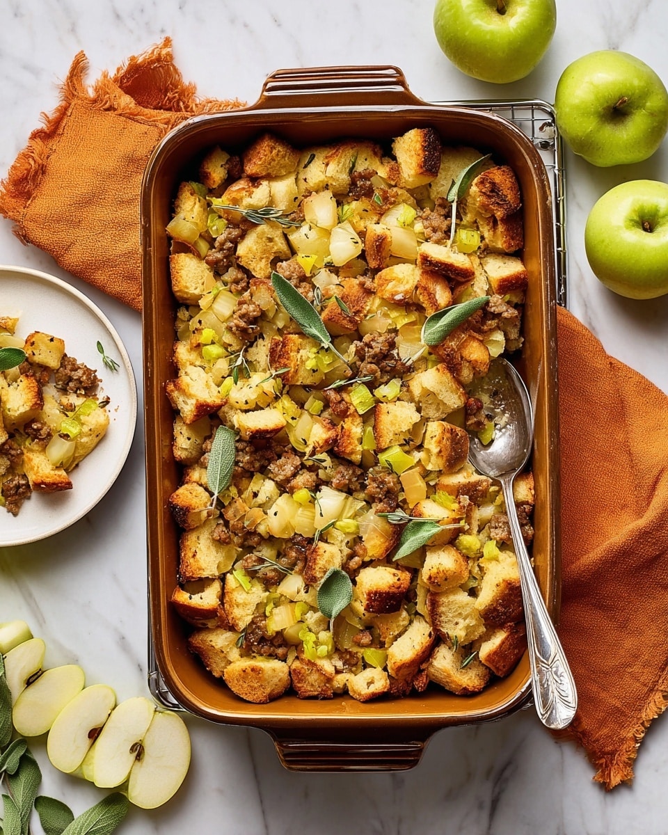 A rectangular brown baking dish filled with a layered stuffing dish that includes golden toasted bread cubes mixed with small chunks of light yellow-green celery, light yellow apple slices, and crumbled cooked sausage pieces with brown bits. The top layer shows bread cubes with some toasted darker brown edges, decorated with a few fresh sage leaves scattered on top. A silver spoon rests inside the dish, partially filled with the stuffing. The dish sits on a white marbled surface with a metal cooling rack underneath and an orange cloth napkin partially tucked under one side. Around the dish are whole green apples, apple slices, and some green leaves. A white plate with a small serving of the stuffing sits to the side. Photo taken with an iphone --ar 4:5 --v 7
