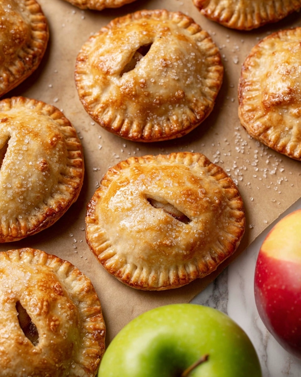 The image shows several small, round apple hand pies with golden-brown, slightly glossy crusts that are crimped around the edges; each pie has a small slit at the top to let steam escape, and coarse sugar crystals sprinkled on top add texture and sparkle. The pies are arranged closely together on a light brown parchment paper that sits on a white marbled surface. There is a whole red-and-yellow apple on the right side and a green apple near the bottom, partially visible in the foreground. Photo taken with an iphone --ar 4:5 --v 7