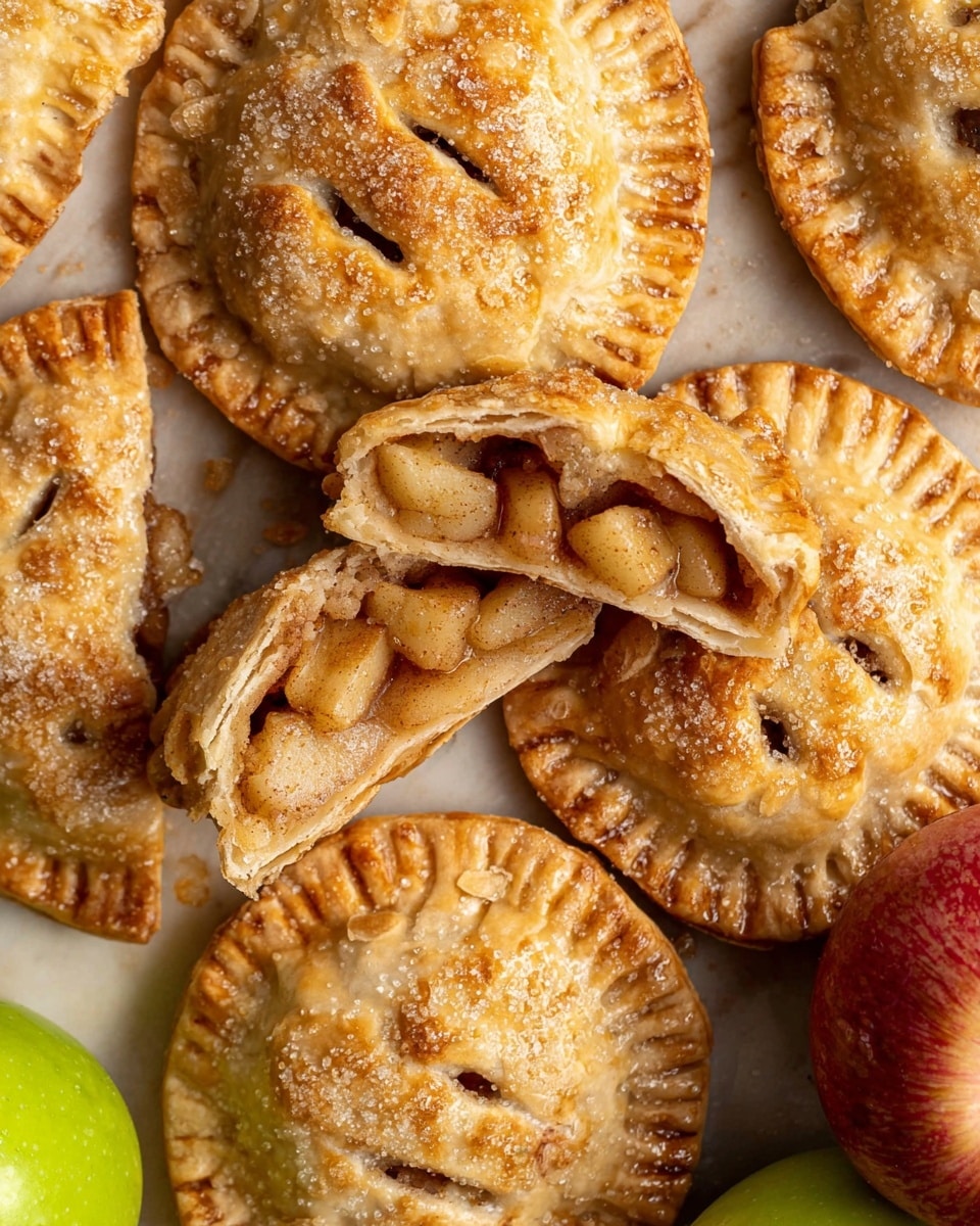 The image shows several small round apple hand pies with a golden brown crust, arranged closely together on a white marbled surface. Each hand pie has a crispy outer edge with fork-pressed ridges and is sprinkled with coarse sugar, giving a sparkling texture on top. The top layer of crust has small slits or cutouts arranged decoratively, revealing bits of the warm apple filling inside. One hand pie is broken open to show two layers: the outer crust is golden and flaky, while the inner filling has small pale yellow apple cubes mixed with a light dusting of cinnamon that adds a speckled brown color. Green and red apples are partially visible around the edges of the image. photo taken with an iphone --ar 4:5 --v 7