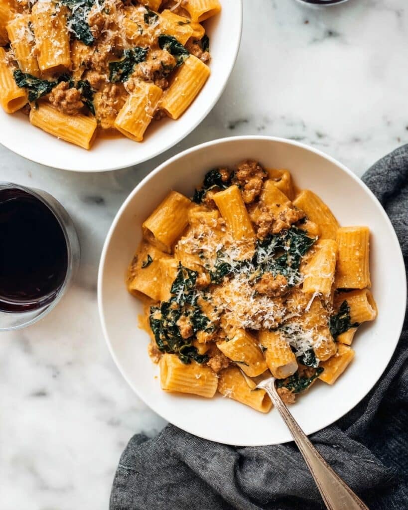 Date Night Rigatoni with Sausage, Kale, and Creamy Tomato Sauce Recipe