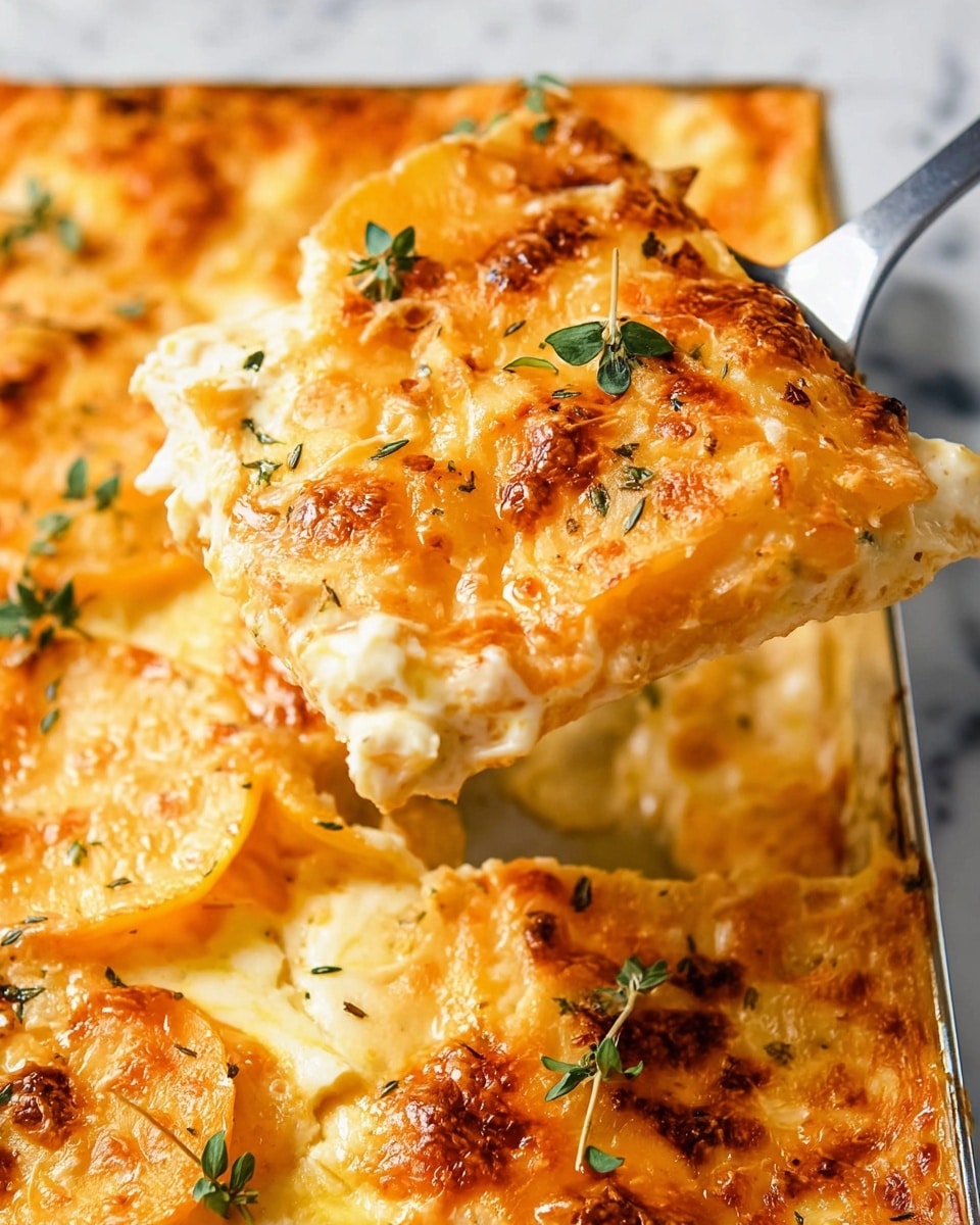 A close-up of a cheesy baked dish held by a metal spatula showing one square piece lifted above a pan. The dish has three visible layers: a bottom layer of soft yellow-orange slices, a middle creamy white layer, and a top layer of melted golden brown cheese with bubbly and slightly browned spots. Small green herb sprigs are scattered across the top, adding a fresh touch. The background is a white marbled surface. Photo taken with an iphone --ar 4:5 --v 7