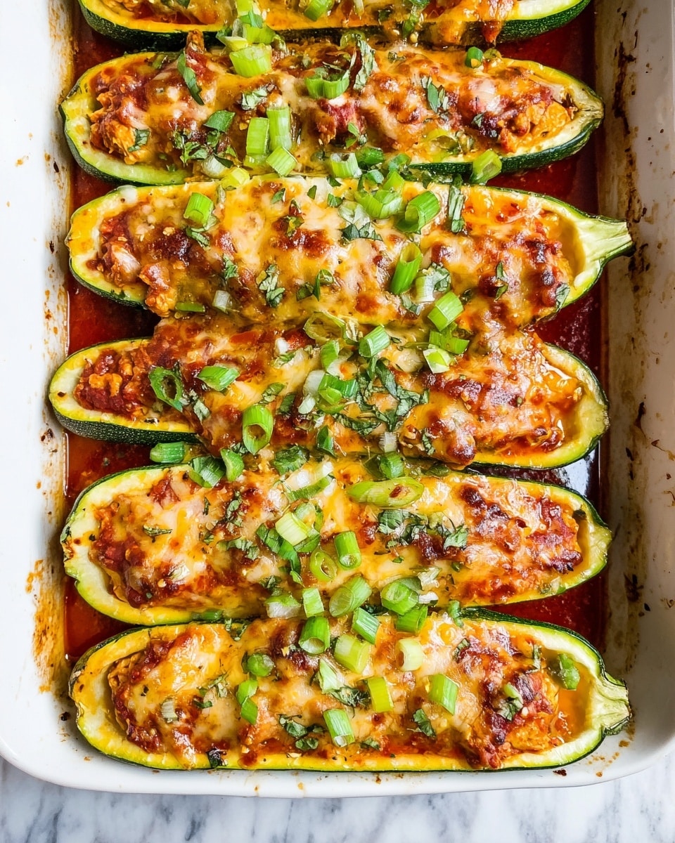 The image shows a single stuffed zucchini half on a white plate, with three visible layers: the base layer is the green zucchini skin, the middle layer is a mix of rice and vegetables with an orange melted cheese layer on top, and the top layer has chopped green onions, fresh herbs, and a dollop of white sour cream sprinkled lightly with black pepper. Around the zucchini, there are splashes of red sauce, and a silver fork rests to the left side of the plate. The background is a white marbled surface with a small bowl of chopped green onions and a white bowl of red sauce partly visible. Photo taken with an iphone --ar 4:5 --v 7