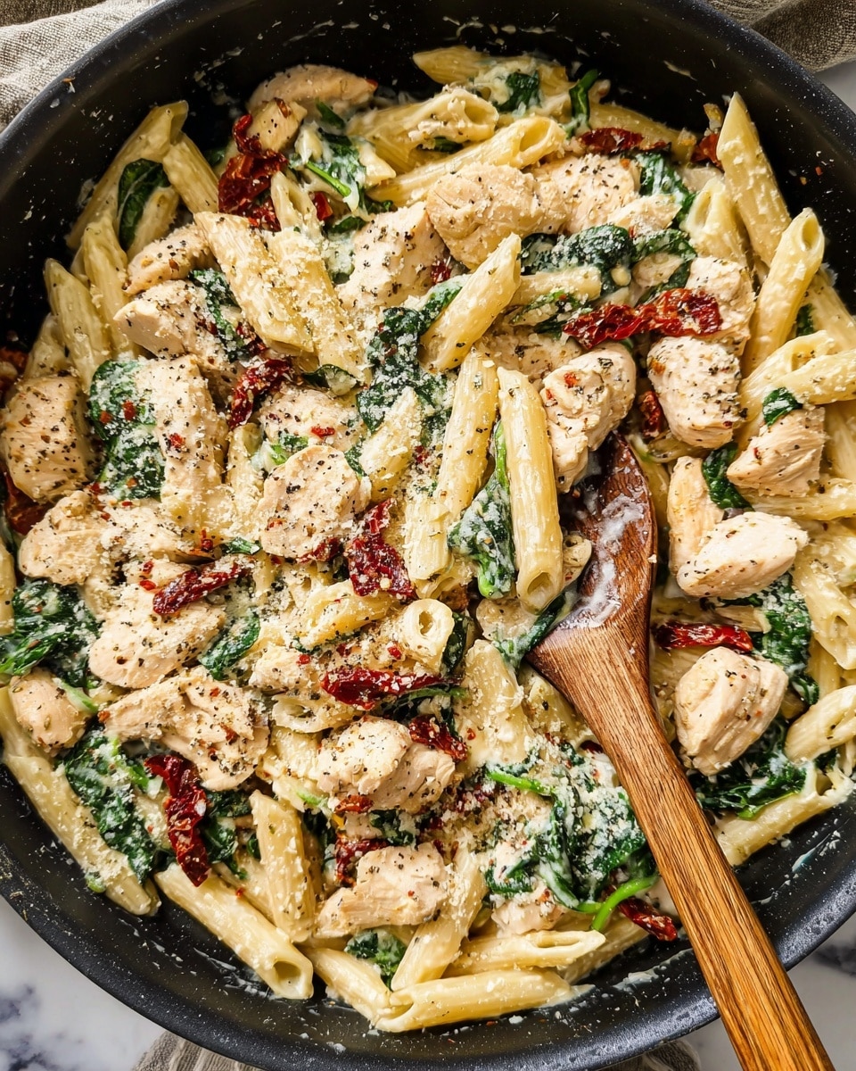 The image shows a close-up of a creamy pasta dish with three main layers: a base layer of pale yellow penne pasta tubes, a middle layer of light beige chicken pieces mixed evenly, and bright green spinach leaves scattered throughout. Small pieces of red sun-dried tomatoes add color contrasts, sprinkled on top along with a fine dusting of grated cheese and black pepper. Everything is contained in a black pan with a wooden spoon stirring the food, all set against a white marbled surface. Photo taken with an iphone --ar 4:5 --v 7