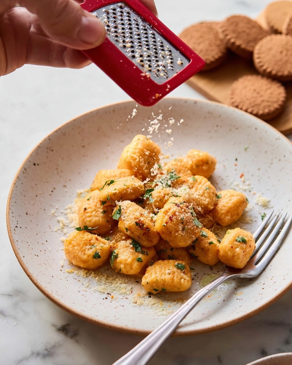 A white speckled plate on a white marbled surface holds a serving of gnocchi pasta pieces coated in a light orange sauce, with visible green herb bits scattered throughout. The gnocchi appear soft and have a tender texture, arranged mostly in the center of the plate. A few small round brown cookies rest at the back edge of the plate. In the foreground, a woman's hand holds one of these brown cookies near a red-handled grater, and grated crumbs are falling onto the pasta below. A silver fork rests on the right side of the plate. Photo taken with an iphone --ar 4:5 --v 7