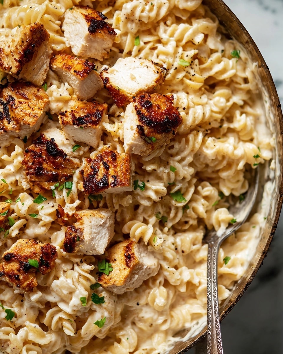 The image shows a close-up of a creamy pasta dish with two visible layers: the base layer is made up of curly, light beige pasta coated in a smooth, creamy white sauce, giving a soft and slightly glossy texture. On top, there are pieces of golden-brown grilled chicken with a slightly crispy surface and white soft inside, scattered unevenly. Small green herb bits are sprinkled over the pasta and chicken, adding a touch of color. The food is in a dish with a silver edge visible, with a spoon partly inside it. The background is a white marbled texture. Photo taken with an iphone --ar 4:5 --v 7