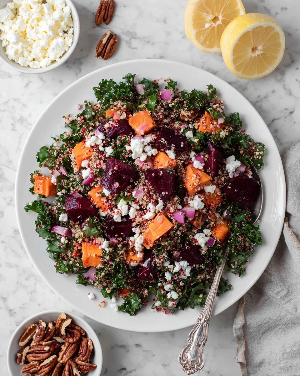 A white plate is filled with a colorful salad made of several layers: the bottom layer is dark green curly kale leaves, mixed with large chunks of orange sweet potatoes and deep red beets scattered evenly on top. Small pink quinoa grains are spread across the whole salad, adding bright spots throughout. Crumbled white cheese is lightly sprinkled over everything, with pecan nuts adding a rich brown color and crunchy texture. Two lemon halves and small white bowls holding more crumbled cheese and pecans sit nearby on a white marbled surface. A silver spoon rests on the edge of the plate. photo taken with an iphone --ar 4:5 --v 7