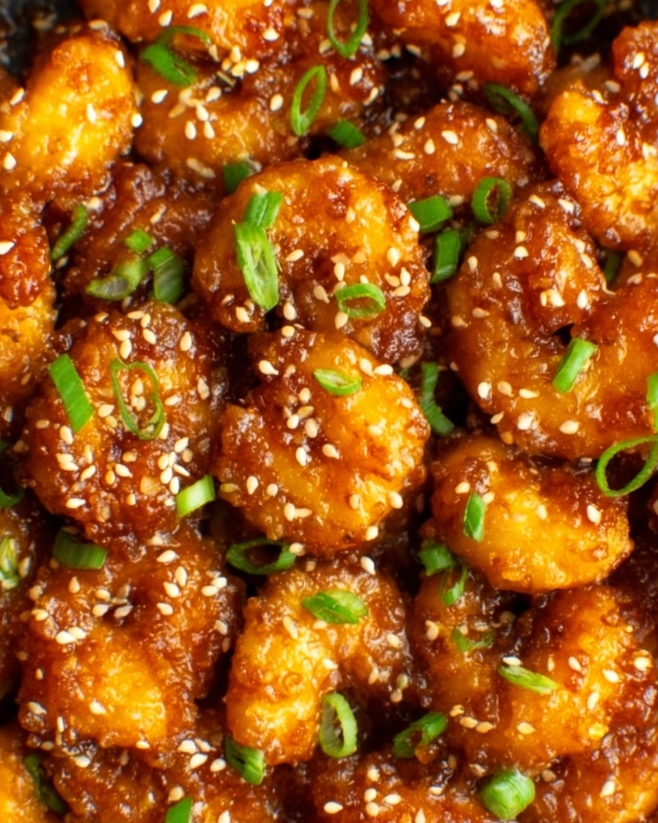The image shows a close-up of many fried shrimp coated in a shiny, golden brown sauce that looks sticky and thick. The shrimp are arranged closely together, sprinkled with white sesame seeds and small green onion pieces, adding texture and color contrast. The surface underneath has a white marbled texture. The overall look is rich and appetizing, with the shrimp pieces having a crispy yet saucy finish, glowing under warm light. photo taken with an iphone --ar 4:5 --v 7