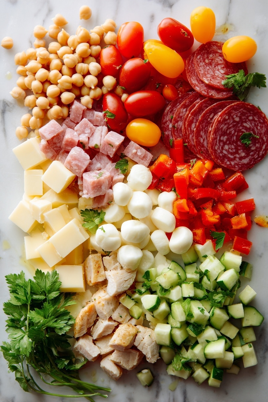 Flat lay of plump beige chickpeas and creamy white cannellini beans, vibrant quartered red and yellow grape tomatoes glistening with freshness, bright orange and red chopped sweet bell peppers showing their crisp texture, cool pale green cucumber cubes with seeds gently scooped out, thin slices of deep reddish-brown salami contrasting with cubes of creamy white mozzarella pearls and sharp pale yellow cheddar cheese, small sprigs of fresh green parsley adding a touch of brightness, and chunks of tender light golden cooked chicken, all arranged naturally with some scattered parsley leaves and a small pool of glossy deep red sun-dried tomato vinaigrette pooling slightly nearby, placed on white marbled surface, photo taken with an iphone --ar 2:3 --v 7 - Dense Bean Salad with Sun-Dried Tomato Vinaigrette, hearty bean salad, healthy bean salad recipes, vibrant vegetarian salads, protein-packed salads