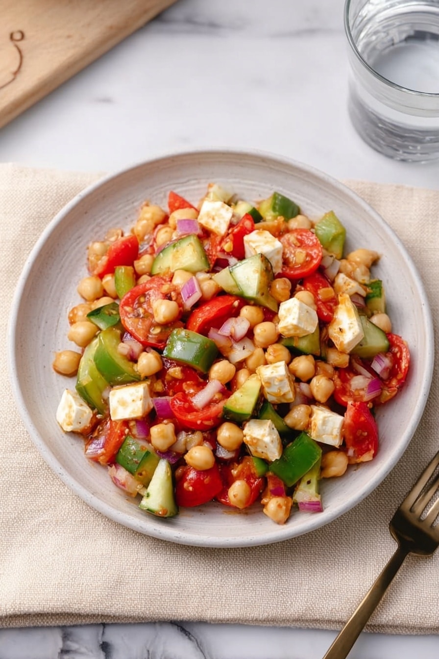 A white round plate filled with a colorful salad made of three main layers: the base layer is small white beans and chickpeas, scattered throughout; mixed in the middle layer are chunky pieces of fresh green bell pepper, sliced cucumbers, and juicy red cherry tomatoes cut in halves and quarters; the top layer contains soft cream-colored cheese cubes and small chopped pieces of red onion, all tossed lightly in a glossy orange-colored dressing. The plate sits on a pale beige cloth on a white marbled surface with a clear glass of water and a fork on the right side. photo taken with an iphone --ar 2:3 --v 7 - Dense Bean Salad with Sun-Dried Tomato Vinaigrette, hearty bean salad, healthy bean salad recipes, vibrant vegetarian salads, protein-packed salads