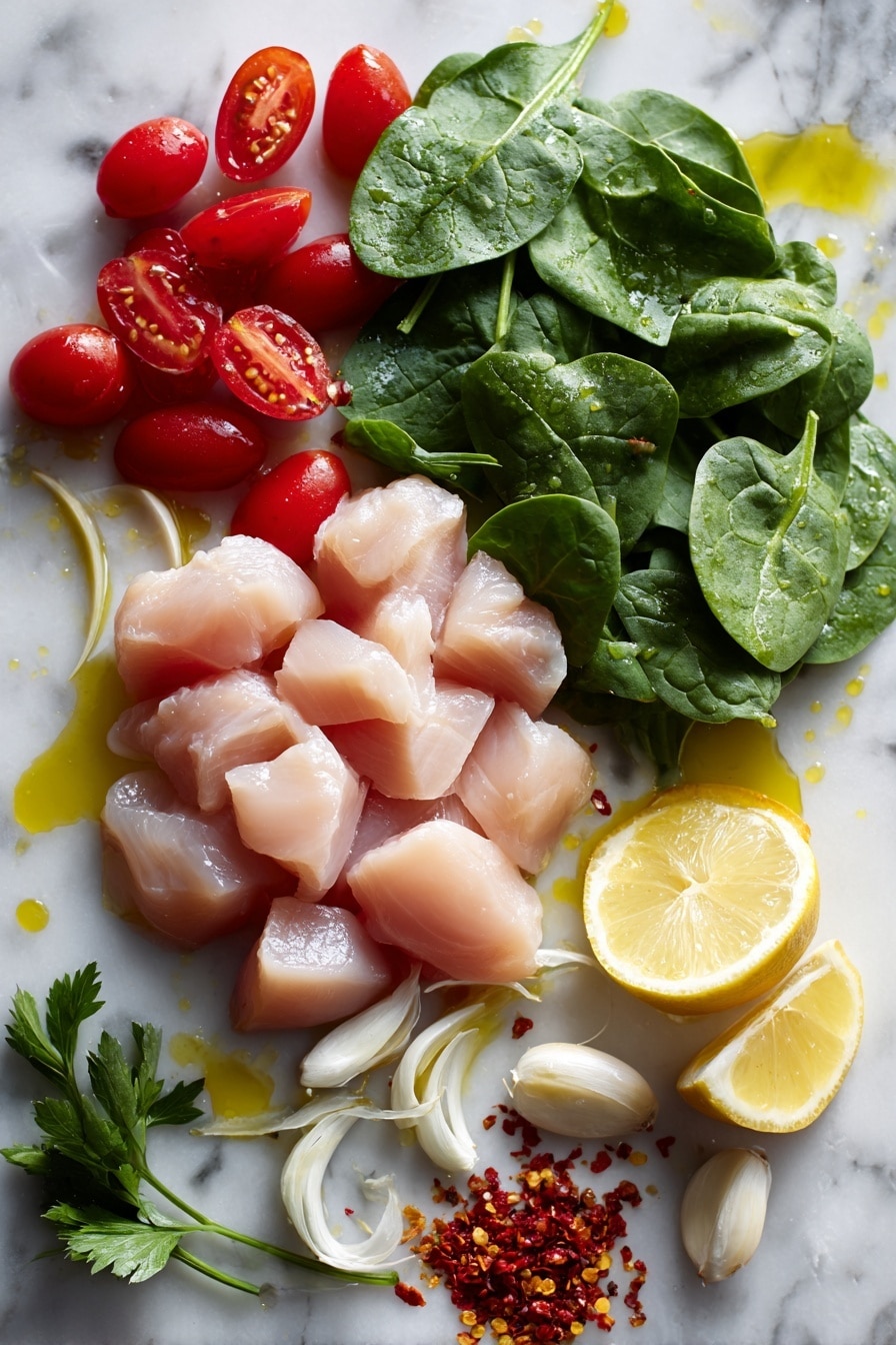 Flat lay of fresh boneless skinless chicken breasts sliced into cubes with smooth pale pink flesh, vibrant red cherry tomatoes halved to reveal juicy interiors, bright green baby spinach leaves with crisp texture, thinly sliced garlic cloves showing creamy white layers, fresh parsley sprigs with deep green delicate leaves, a halved bright yellow lemon with shiny peel and juicy pulp, and small piles of crushed red pepper flakes with vivid red and orange tones, all arranged naturally with a splash of golden olive oil droplets glistening subtly, placed on white marbled surface, photo taken with an iphone --ar 2:3 --v 7 - Creamy Chicken Scampi with Angel Hair Pasta and Cherry Tomatoes, chicken scampi with angel hair pasta, easy chicken pasta dinner, flavorful chicken pasta recipe, quick creamy chicken pasta