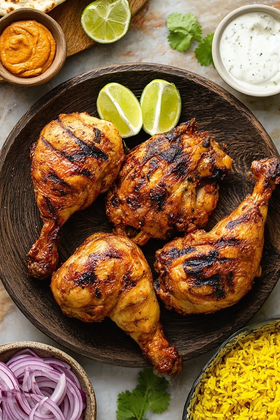 There is a round black plate with four grilled chicken leg quarters on it. The chicken pieces are golden brown with some dark grill marks and a slightly shiny texture, showing they are cooked well. On the plate, next to the chicken, are three lime wedges, light green with juicy white edges. Around the plate, on the white marbled surface, are thin purple onion rings, some green cilantro leaves, half a lime, and two small white bowls—one with orange-colored chutney and the other with white sauce. In the bottom right corner, part of a white bowl filled with bright yellow rice with black mustard seeds is visible. Photo taken with an iphone --ar 2:3 --v 7 - Authentic Tandoori Chicken, Tandoori Chicken recipe, Indian tandoori chicken, spicy tandoori chicken, homemade tandoori chicken