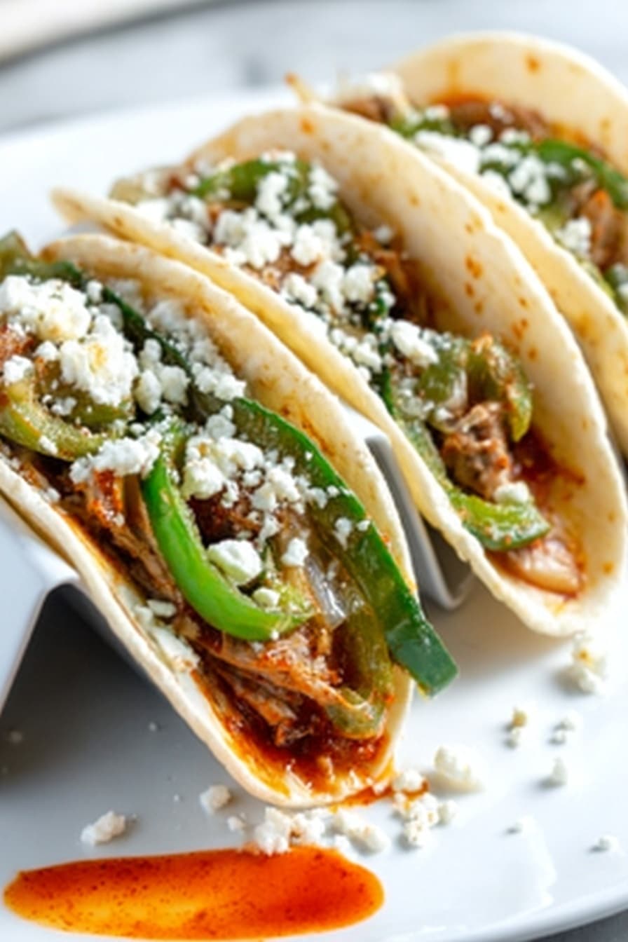 Three soft tortillas stand upright in a white taco holder on a white marbled surface. Each tortilla holds layers of cooked meat pieces that are brown and tender, mixed with bright green sliced peppers and onions cooked to a light golden color. The tacos are topped with white crumbly cheese scattered lightly over the filling. A small spot of reddish-orange sauce sits on the plate in front of the tacos, adding a pop of color. The image is clear and bright, showing the textures of the warm tortillas and fresh toppings. Photo taken with an iphone --ar 2:3 --v 7 - Chicken Fajita Tacos, fajita tacos recipe, easy chicken fajita tacos, quick fajita tacos, spicy chicken tacos