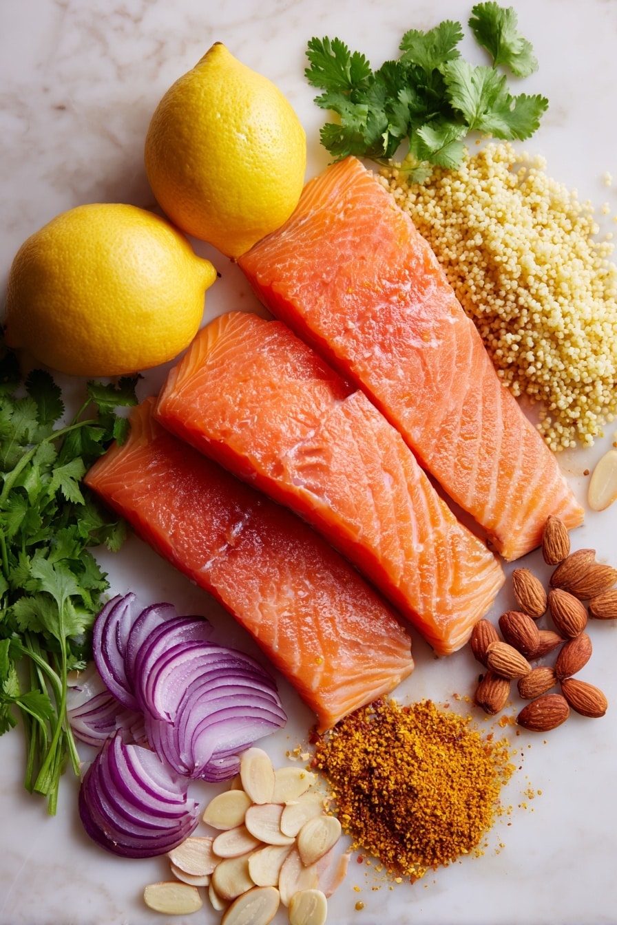 Flat lay of fresh pink salmon fillets with smooth skin, bright yellow lemons whole and halved showing juicy flesh, thinly sliced purple shallots arranged in half moons, vibrant green cilantro leaves roughly chopped, glossy golden raisins scattered around, pale beige sliced almonds with a smooth texture, and a small pile of warm brown ras el hanout spice powder with a fine texture, placed on white marbled surface, photo taken with an iphone --ar 2:3 --v 7 - Moroccan-Spiced Salmon and Couscous, quick salmon dinner, Moroccan cuisine recipes, healthy seafood recipes, flavorful fish and couscous