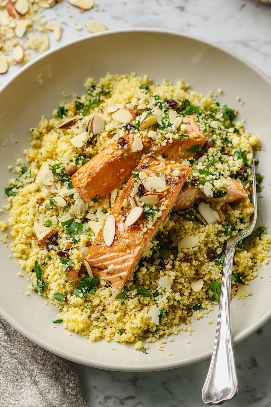 A white plate holds a bed of light yellow couscous mixed with small green herb pieces, dark raisins, and thin white almond slices scattered on top. On the couscous lies a thick, golden-brown cooked salmon piece with a slightly flaky texture, partly broken to show its soft, pink inside. A silver fork is partially visible on the right side of the plate. The plate is placed on a white marbled surface with some couscous and almonds scattered around. Photo taken with an iphone --ar 2:3 --v 7 - Moroccan-Spiced Salmon and Couscous, quick salmon dinner, Moroccan cuisine recipes, healthy seafood recipes, flavorful fish and couscous