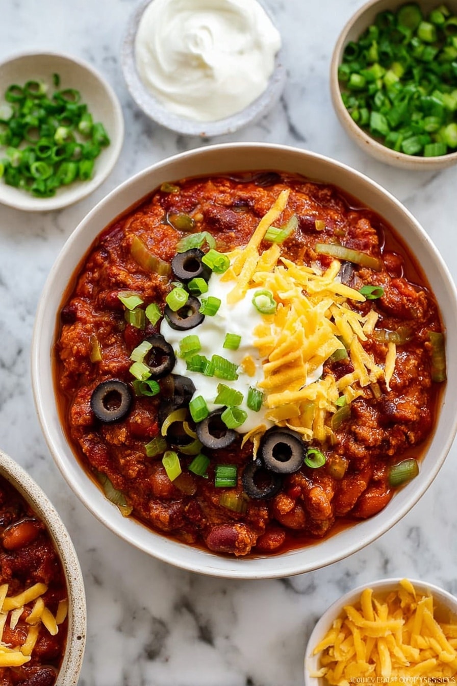 A white bowl sits on a white marbled surface, filled with a thick layer of reddish-brown chili that has visible beans and small vegetable chunks. On top, there is a layer of white sour cream, covered with bright yellow shredded cheese, sliced black olives, and chopped green onions scattered across. Surrounding the bowl are small white bowls with extra shredded cheese, green onions, and sour cream, adding to the colorful presentation. The texture looks rich and hearty, with fresh, vibrant toppings. Photo taken with an iphone --ar 2:3 --v 7 - 30-Minute Leftover Turkey Chili, quick turkey chili recipe, easy turkey chili, hearty turkey chili dinner, leftover turkey ideas